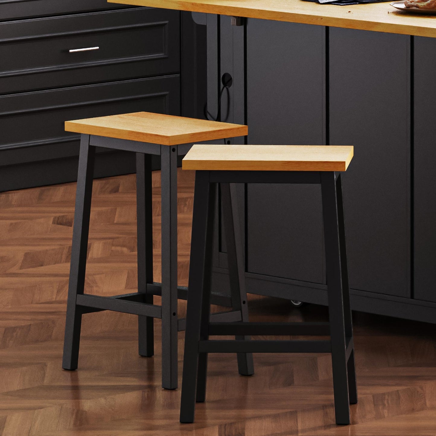 Set of 2 Wood Bar Stools with Anti-Scratch Pads & Wraparound Cross Brace, Bar Chairs with Footrests, 15.5'' L x 11'' W x 25.5'' H, Black