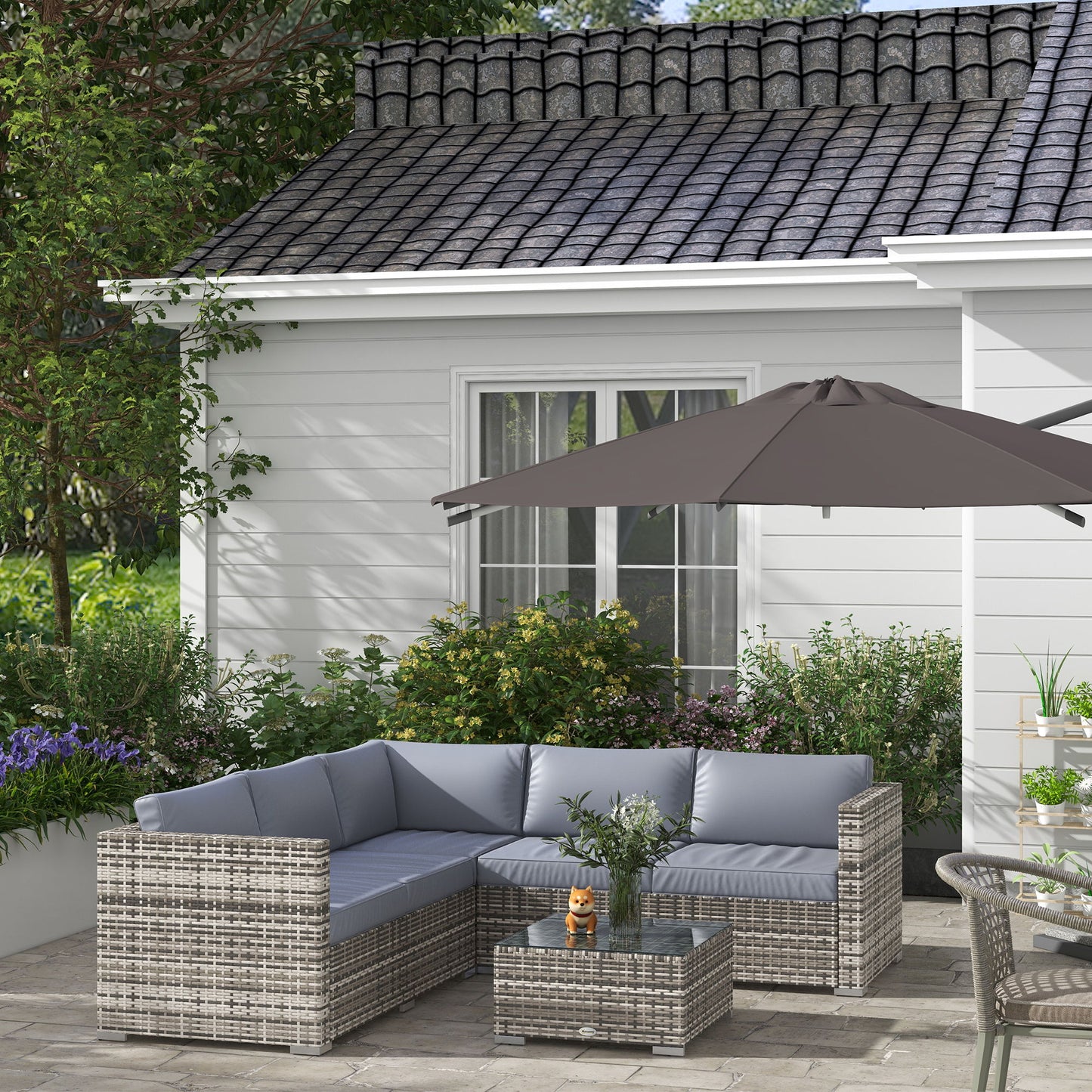 4 Pieces Rattan Wicker Outdoor Conversation Furniture Set w/ Corner Sofa Loveseats Coffee Table Cushions, Grey