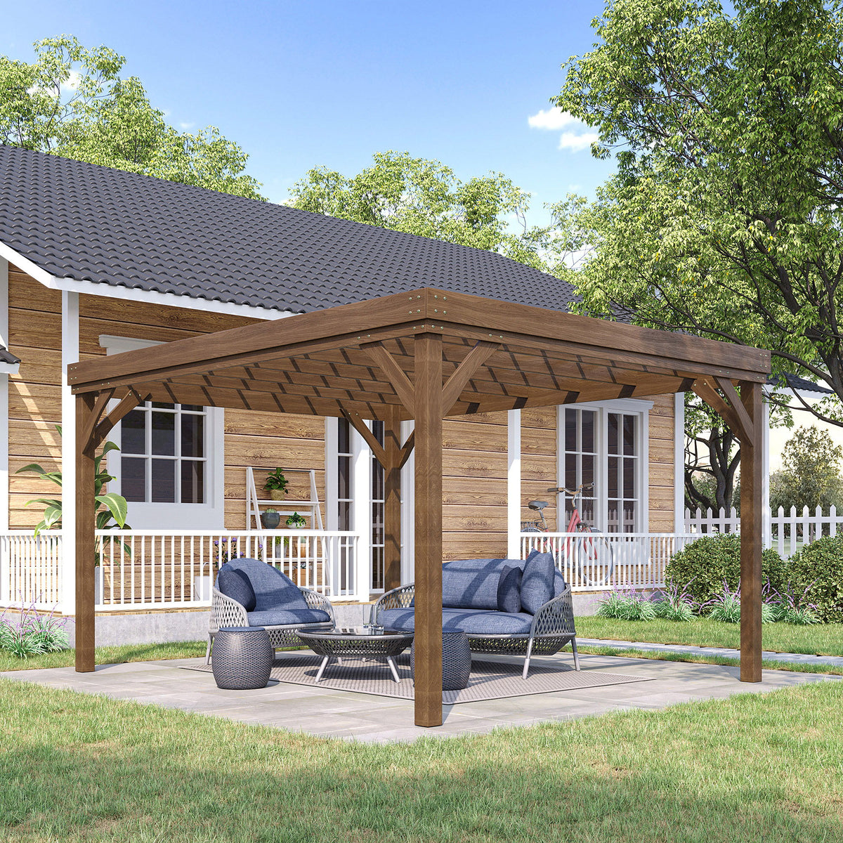 10' x 12' Wood Pergola, Outdoor Gazebo Grape Trellis for Climbing Plant Support, Garden, Patio, Backyard, Deck, Brown