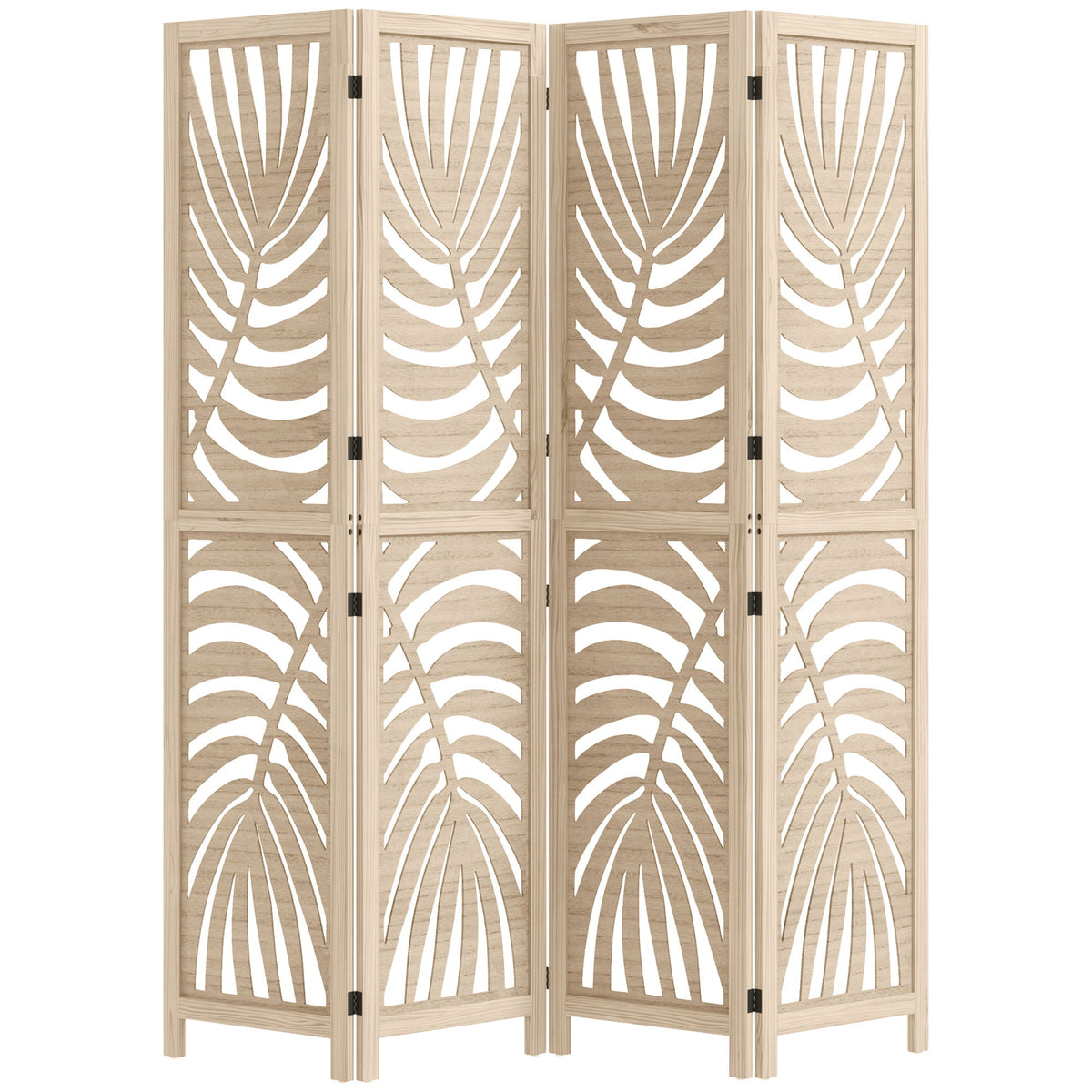 4 Panel Room Divider, Detachable Folding Privacy Screens with Palm Leaf Design for Home Office, Natural Wood Finish