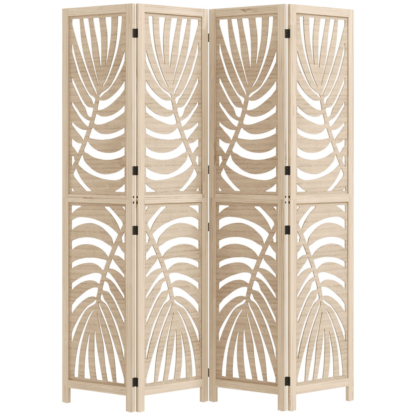 4 Panel Room Divider, Detachable Folding Privacy Screens with Palm Leaf Design for Home Office, Natural Wood Finish