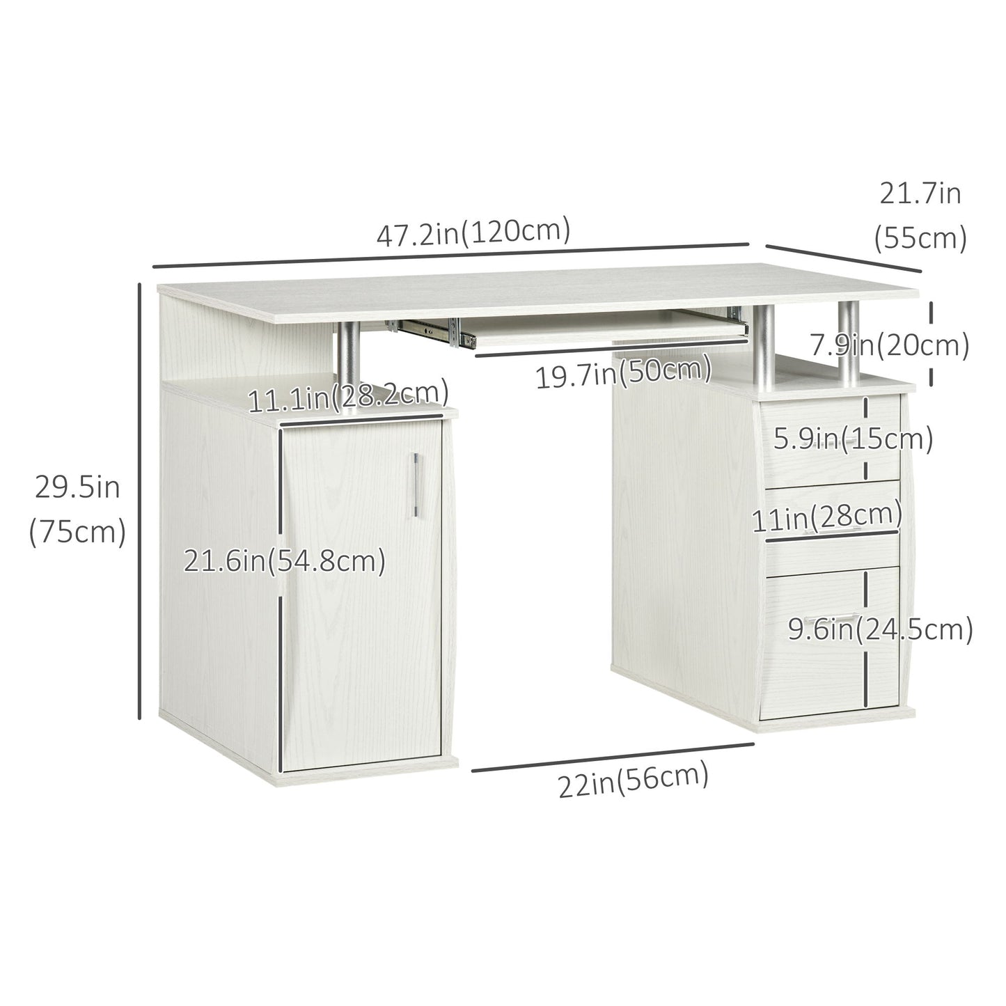 47" Computer Desk with Keyboard Tray and Storage Drawers, Home Office Workstation Table with Storage Shelves, White