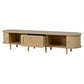 Oval TV Stand with Rattan Drawer and 2 Sliding Doors, Compact Media Console with Adjustable Feet, 71'' L x 15.5'' W x 15.5'' H, Light Oak