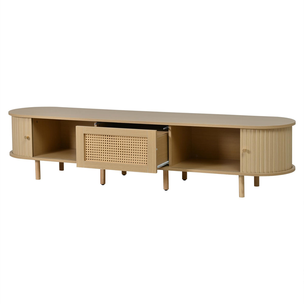 Oval TV Stand with Rattan Drawer and 2 Sliding Doors, Compact Media Console with Adjustable Feet, 71'' L x 15.5'' W x 15.5'' H, Light Oak