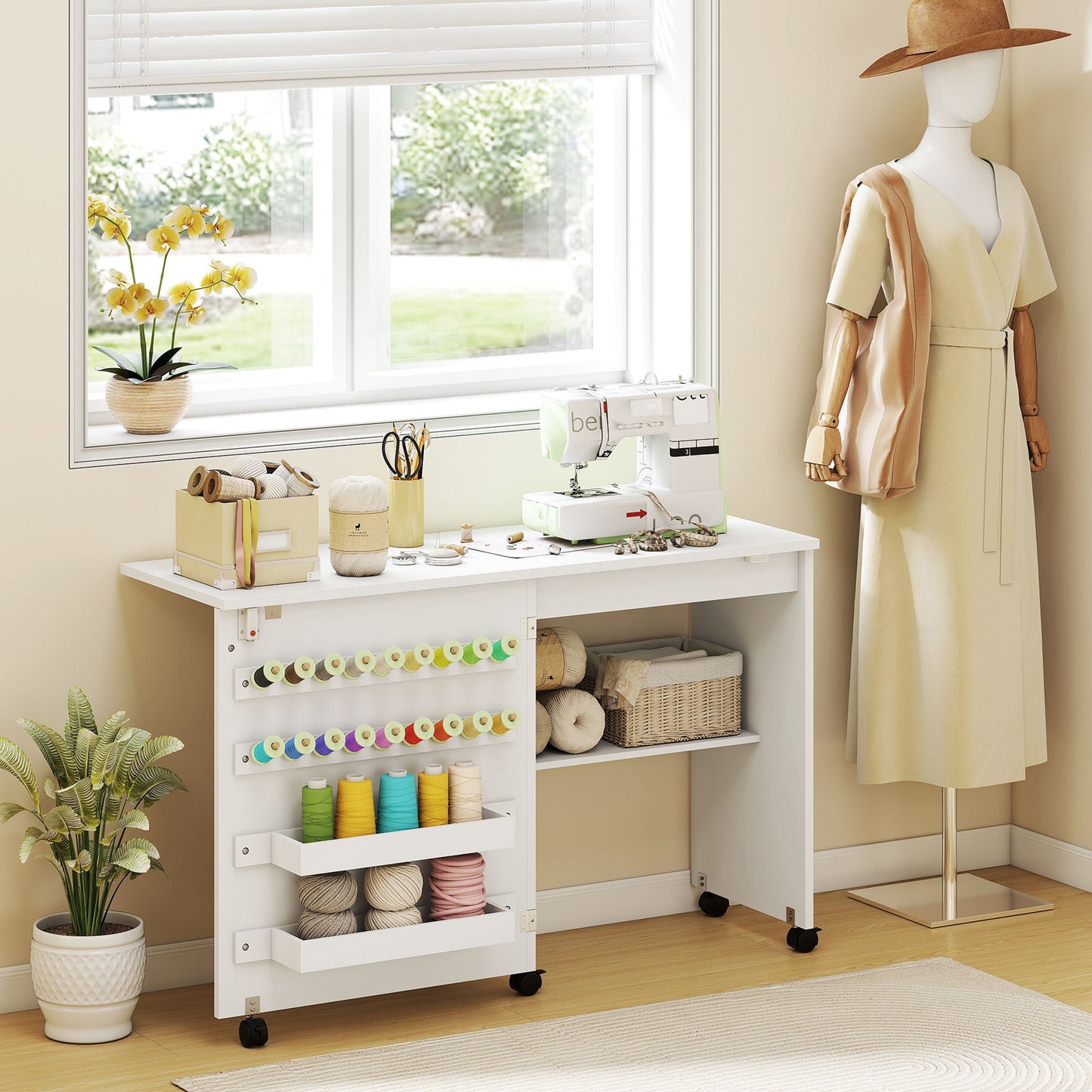 Sewing Machine Table on Wheels, Folding Craft Table with 2 Bins, Storage Shelf, 18 Pegs, Lockable Wheels, White