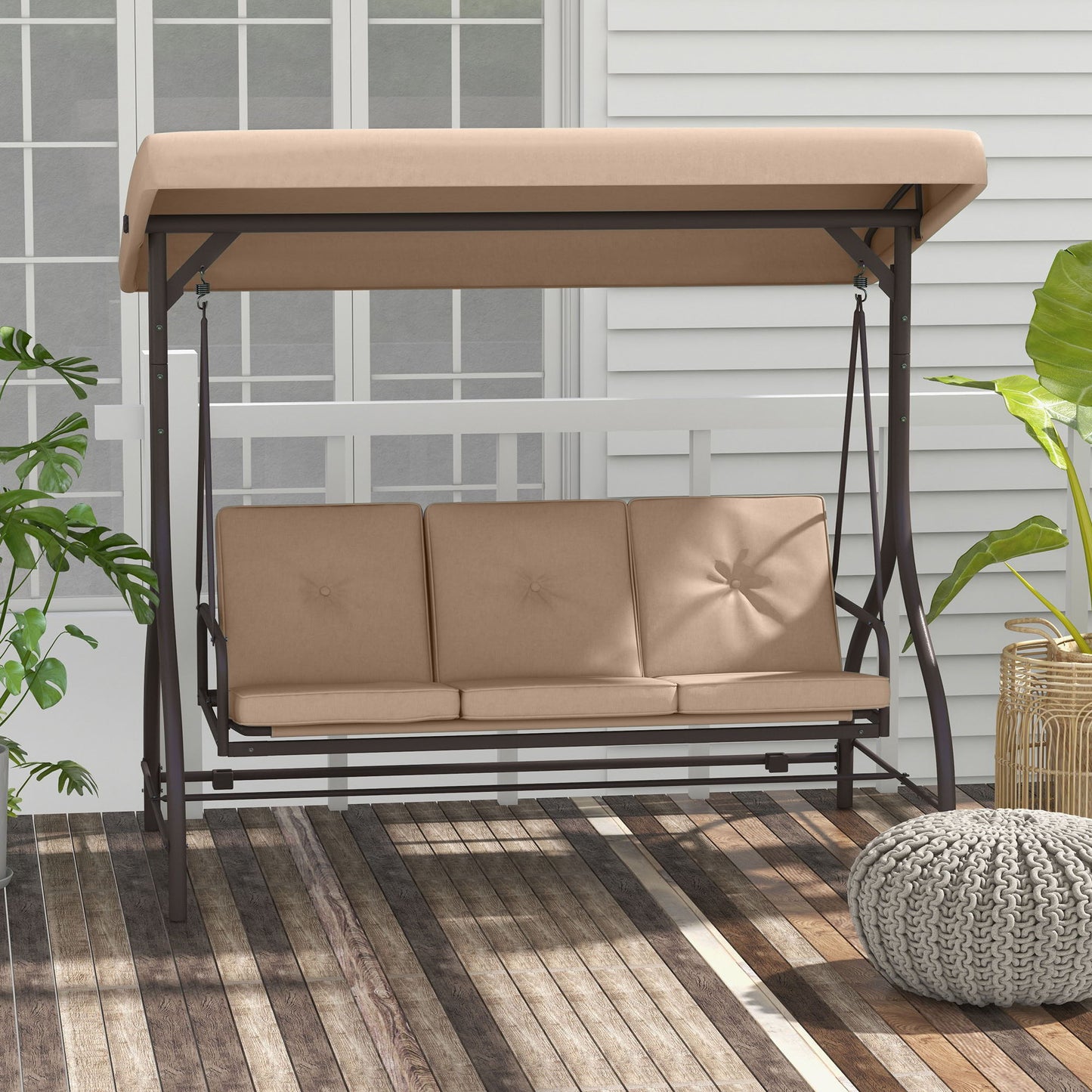 Convertible Patio Swing Bed with Canopy and Cushions, 3 Seater Porch Swing for Outdoor, Backyard, Garden, Khaki