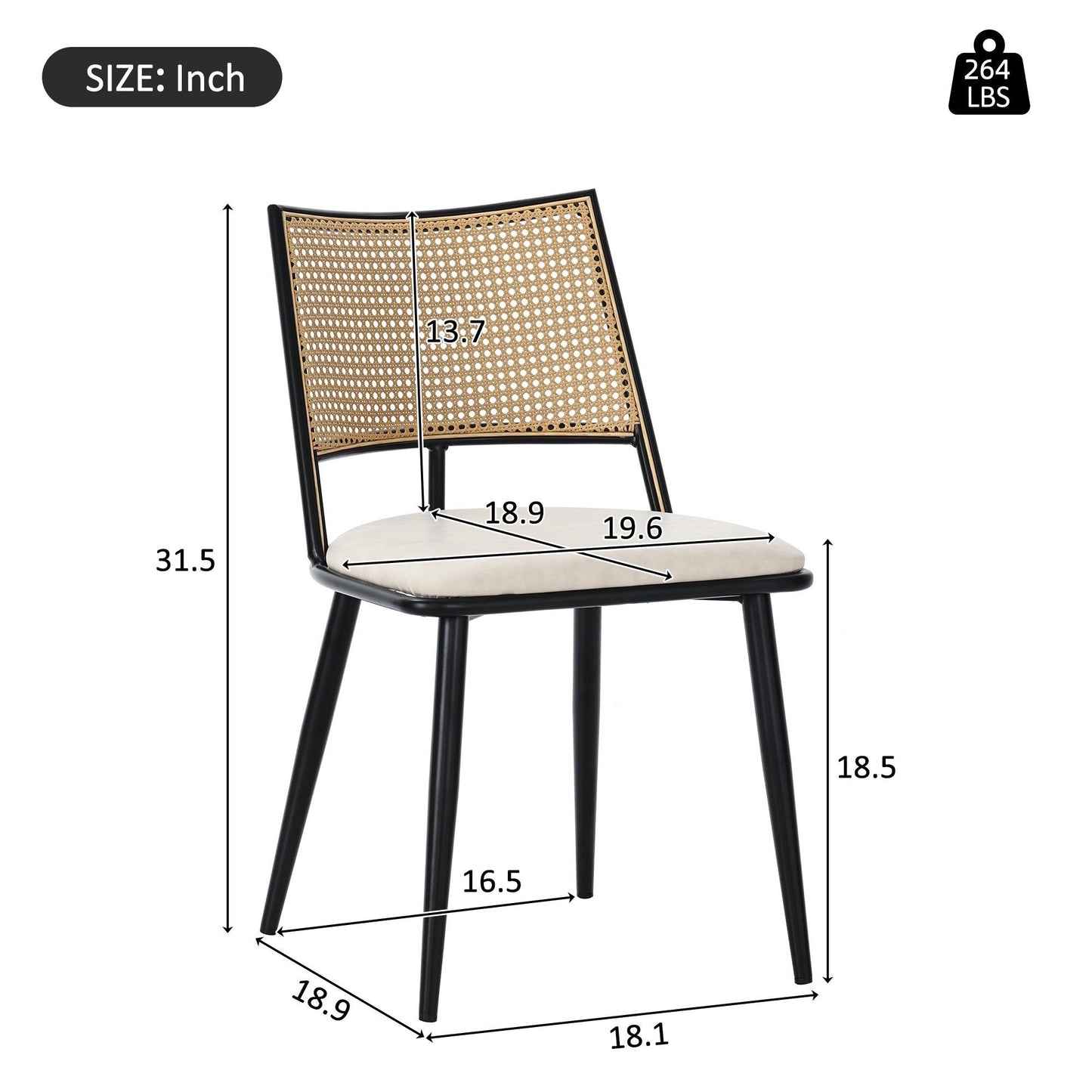 Set of 2 Modern Dining Chairs with PE Rattan Backrest, Ergonomic Side Chairs for Home or Restaurant, 19.5'' L x 19'' W x 31.5'' H, Black+Natural
