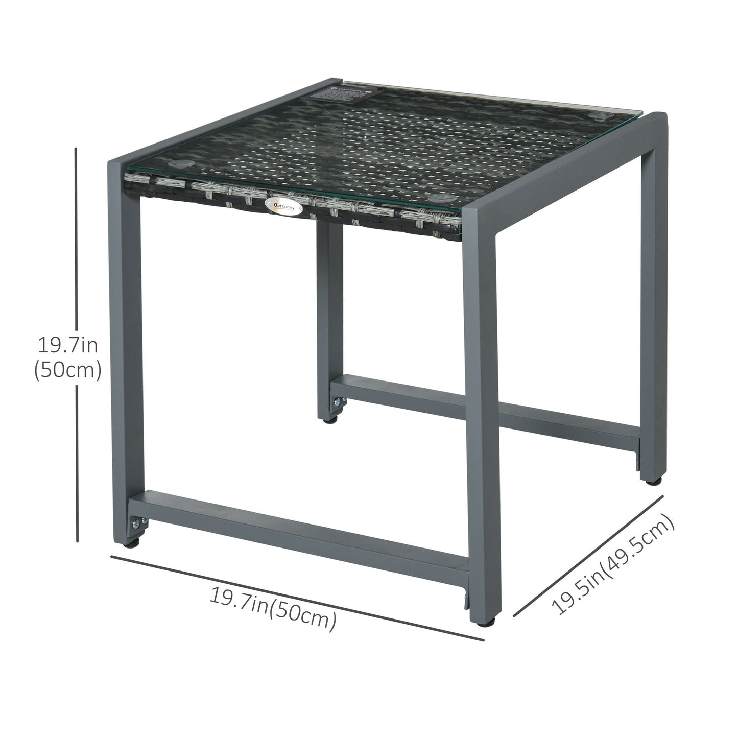 Rattan Coffee Table, Wicker Patio Side Table with Tempered Glass Top and Aluminum Frame for Outdoor, Garden, Gray