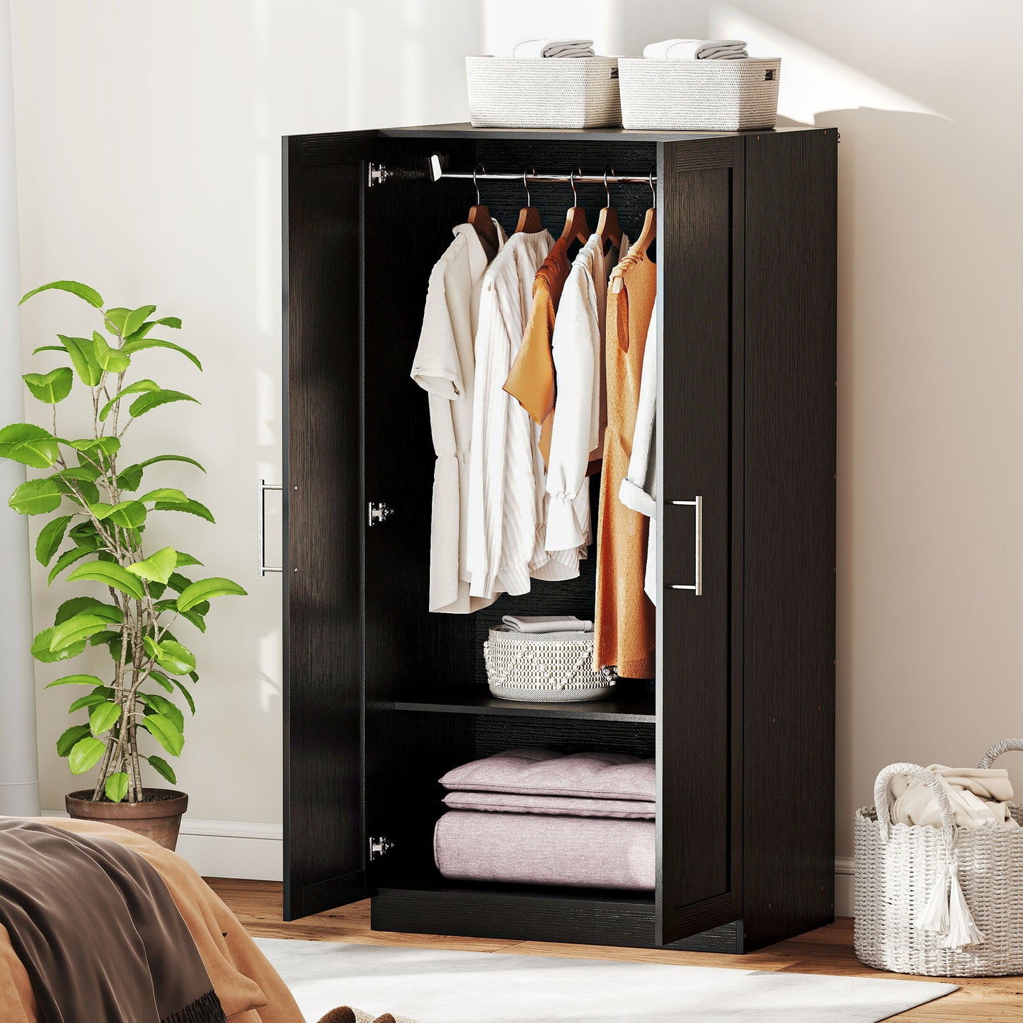 Wardrobe Cabinet with 2 Doors and Hanging Rod, Modern Armoire Wardrobe Closet for Bedroom, Black Wood Effect