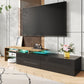 Modern TV Cabinet with Glass Shelves and LED Lighting, Stylish Storage Solution, Modern and Stylish Design, 67" L x 13" W x 13" H, Black+Natural
