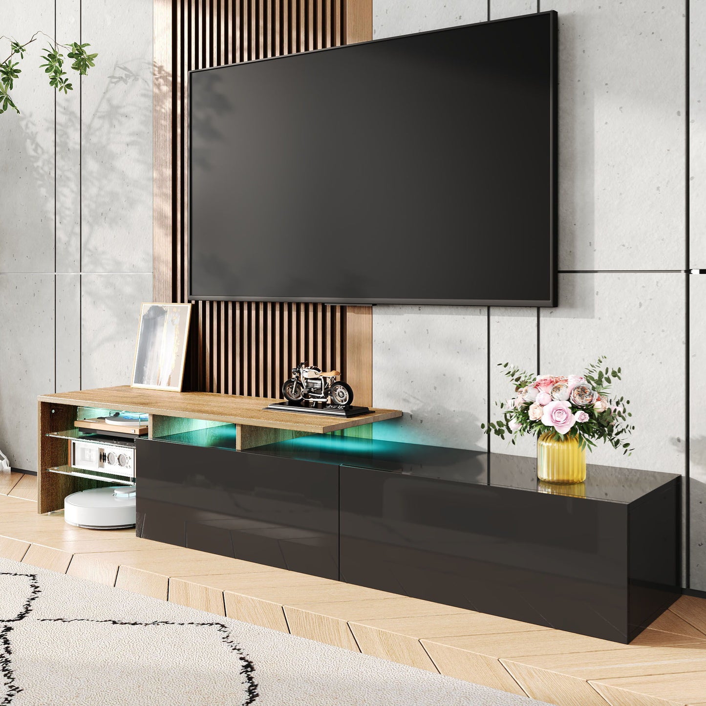 Modern TV Cabinet with Glass Shelves and LED Lighting, Stylish Storage Solution, Modern and Stylish Design, 67" L x 13" W x 13" H, Black+Natural