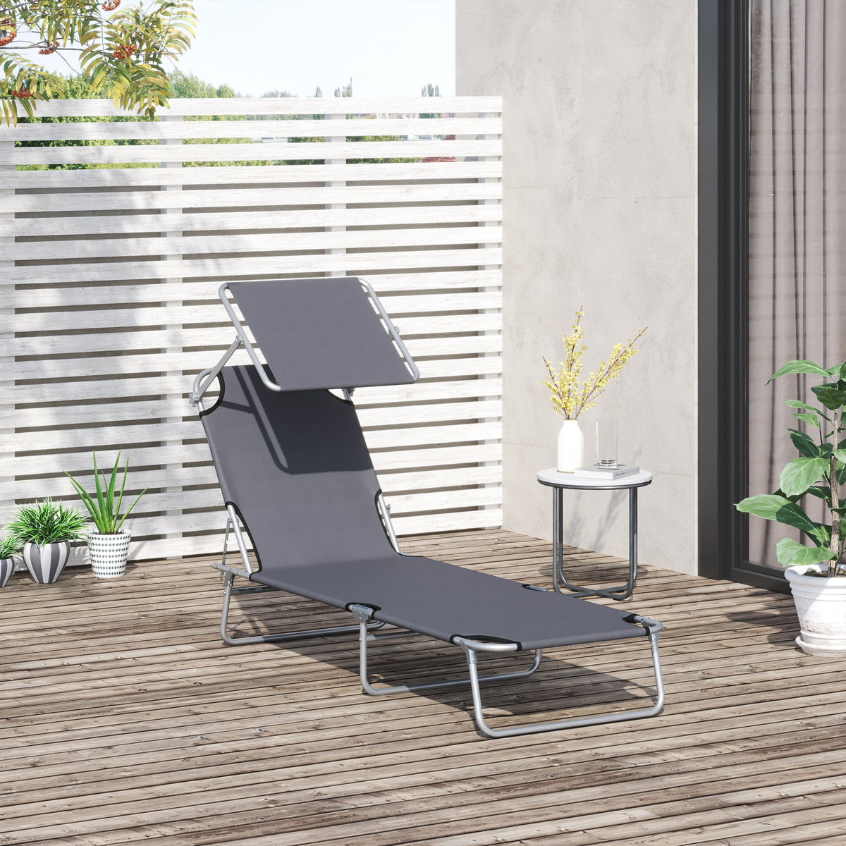 Outdoor Lounge Chair, Adjustable Folding Chaise Lounge, Tanning Chair with Sun Shade for Beach, Camping, Hiking, Backyard, Grey