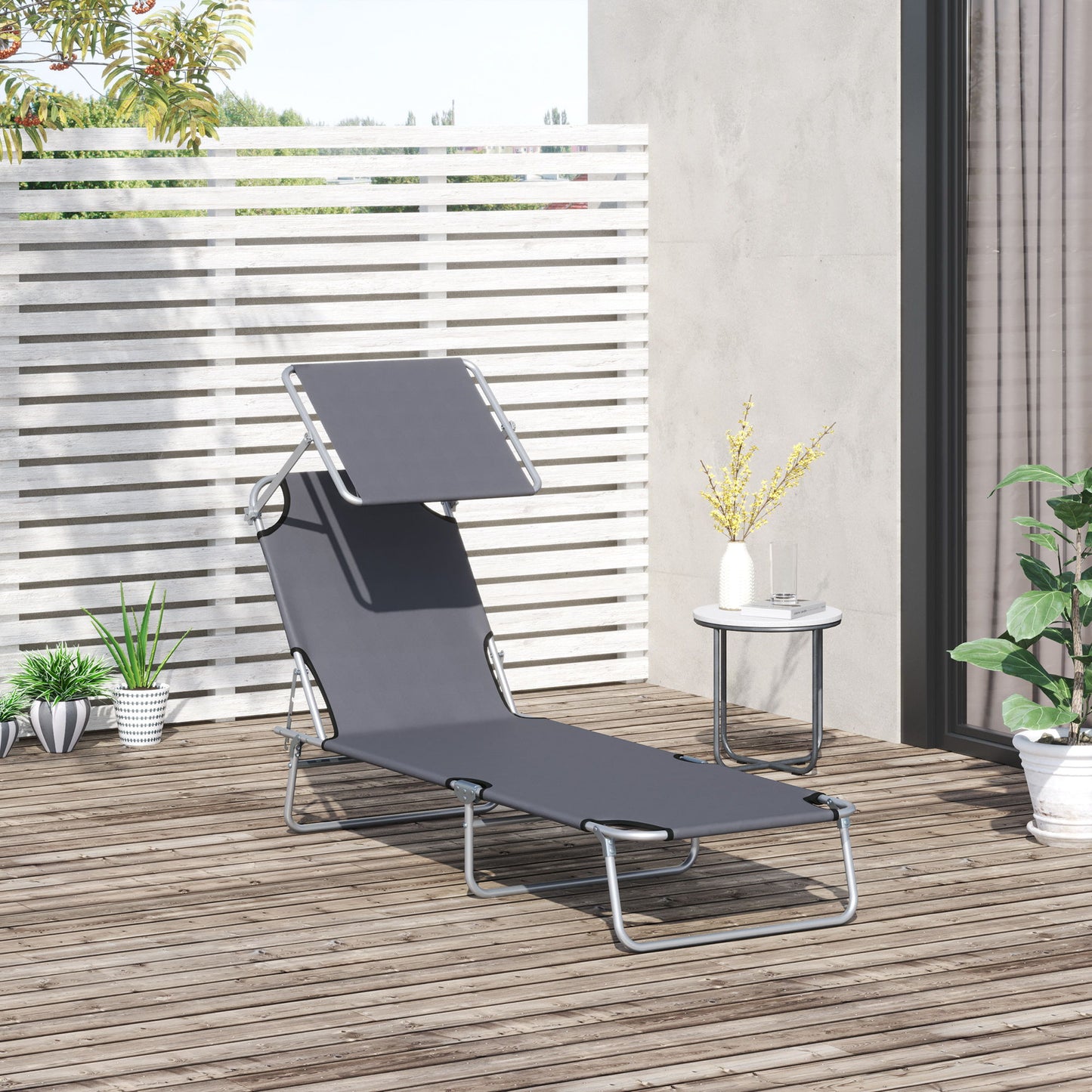 Outdoor Lounge Chair, Adjustable Folding Chaise Lounge, Tanning Chair with Sun Shade for Beach, Camping, Hiking, Backyard, Grey