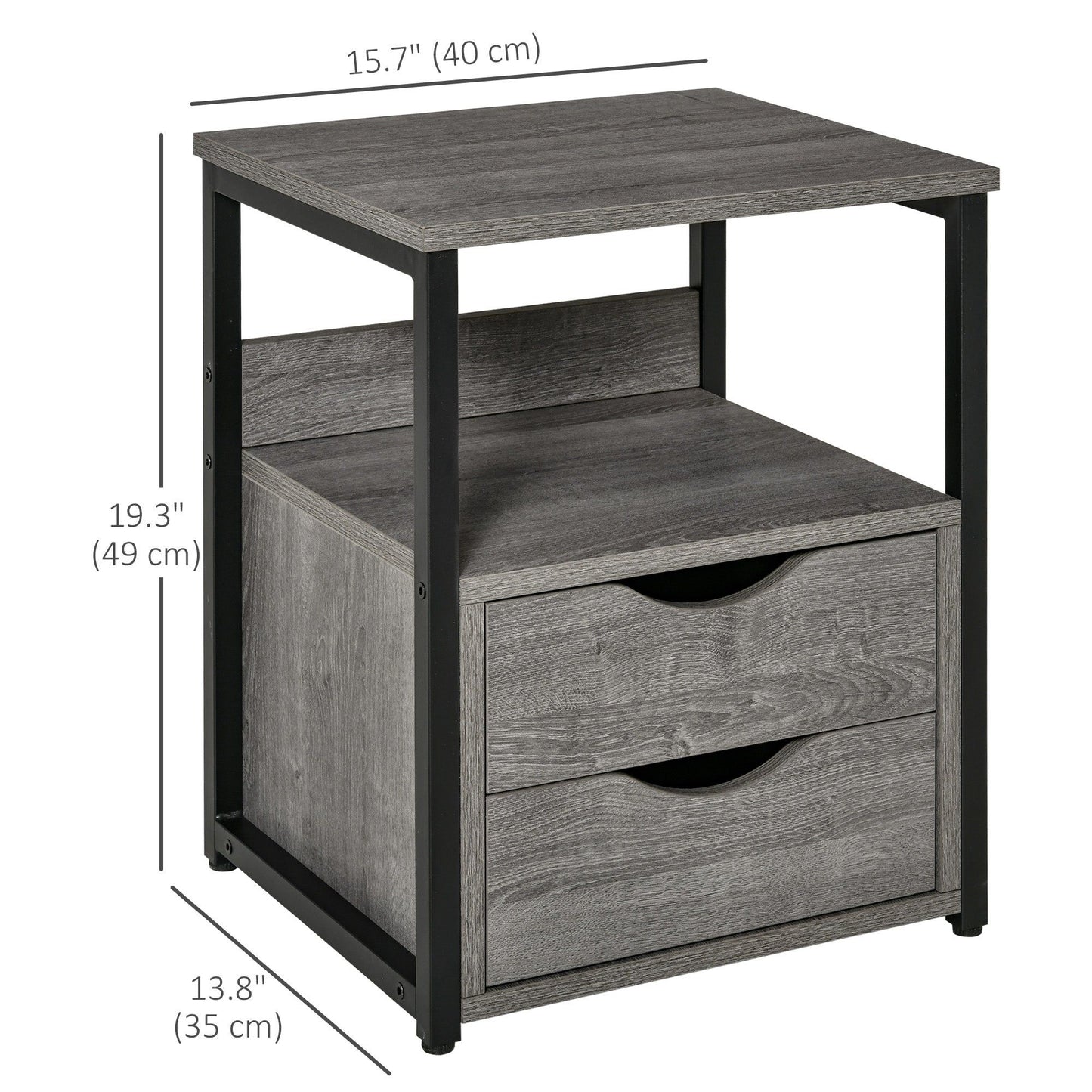 Industrial Nightstand with 2 Drawers and Shelf - Grey