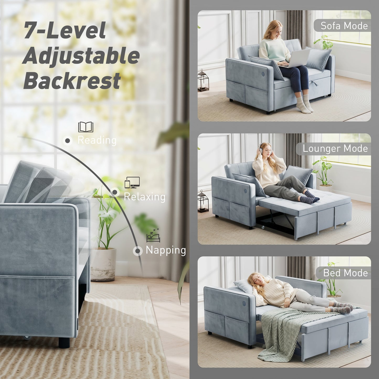 3-in-1 Convertible Sofa Bed, Pull-Out Sleeper Sofa with USB Charging, Adjustable Backrest and Side Pockets, Light Grey