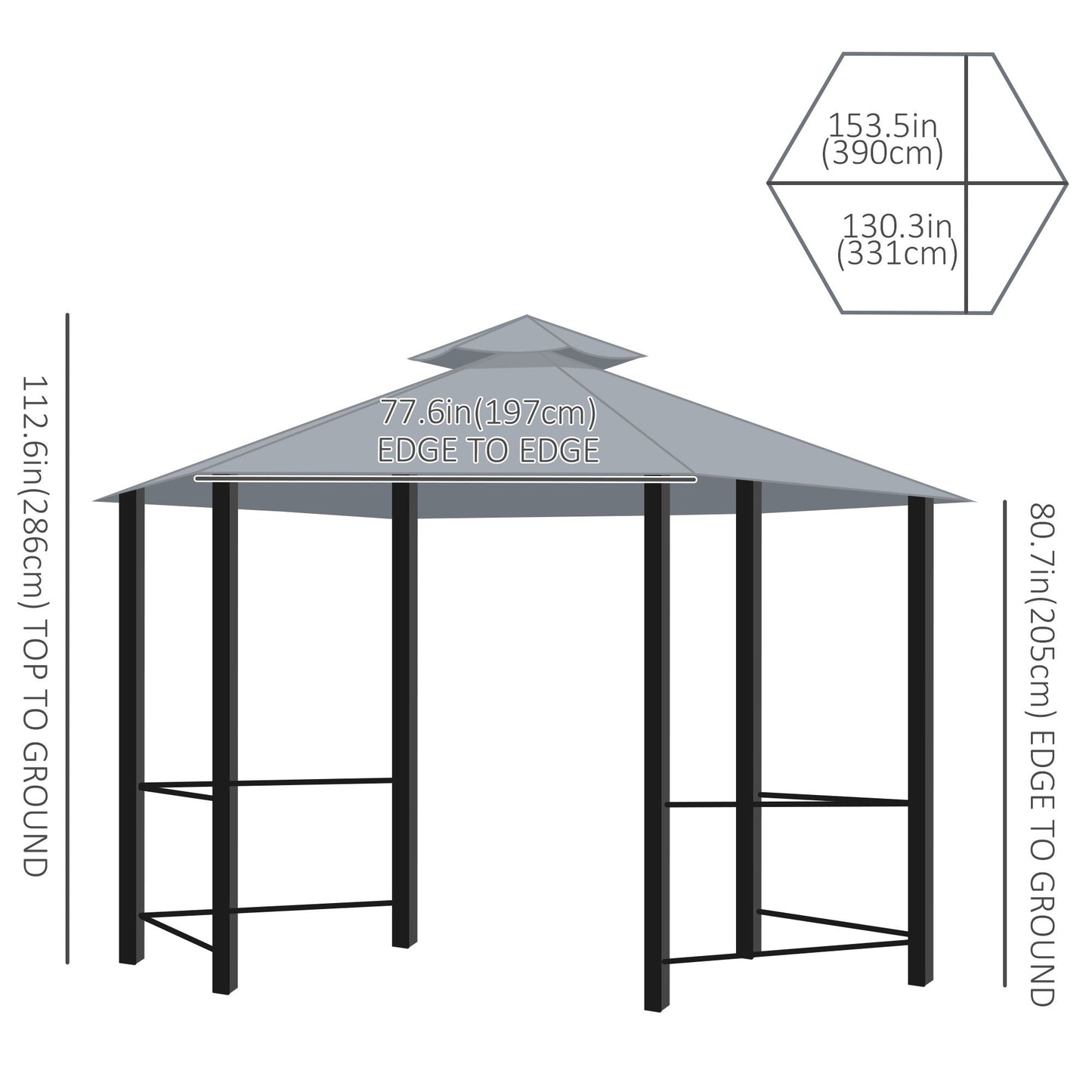 13ft Hexagon Gazebo Outdoor Canopy Shelter with Netting and Shaded Curtains Grey