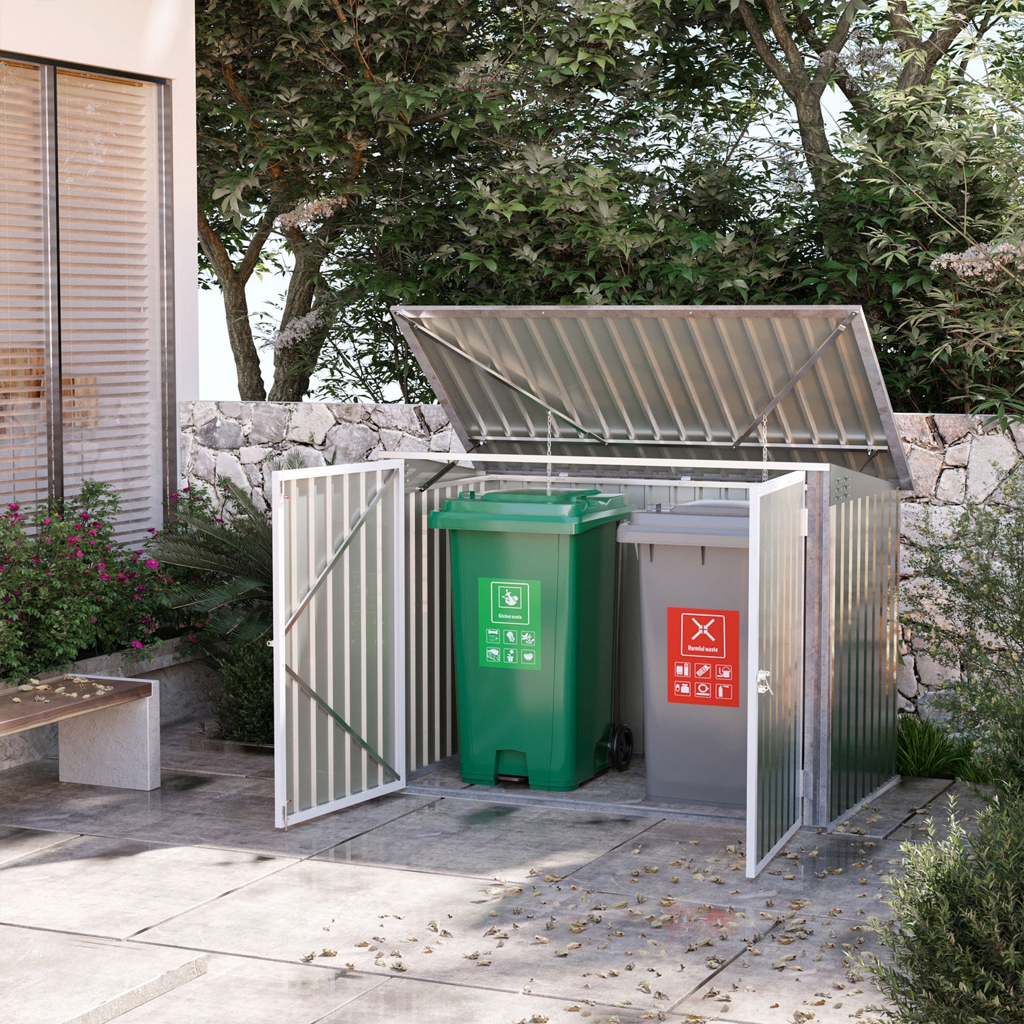 6x3 ft Garbage Can Shed, Horizontal Garbage Can Organizer with Double Door and Lid Rubbish Cover, for 2 Trash Cans, Green
