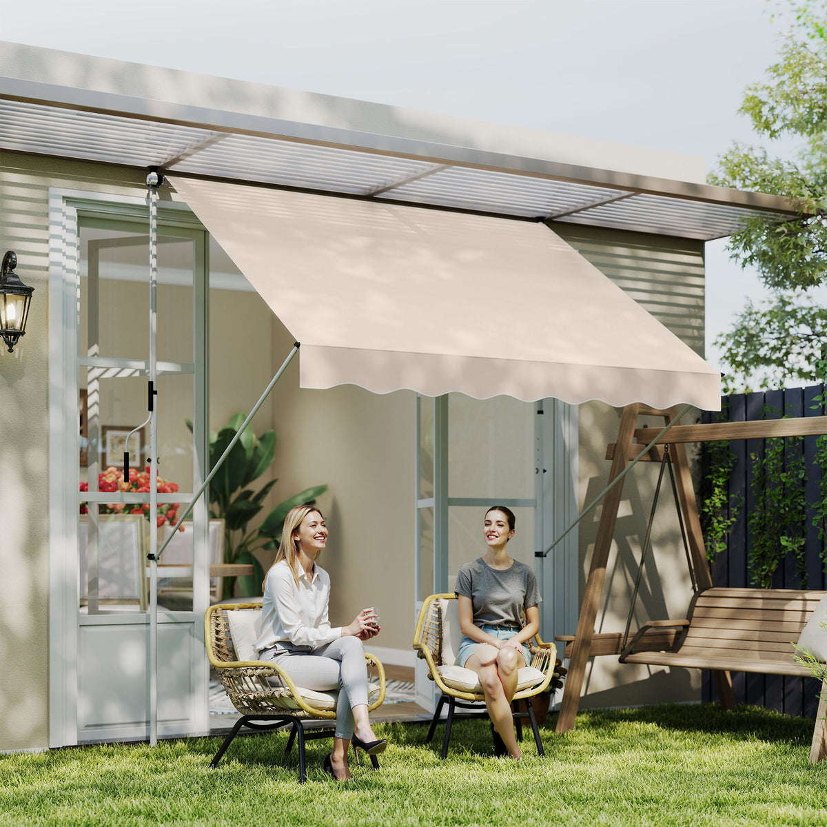 10x5ft Manual Retractable Awning, Patio Sun Shade Canopy Shelter with 5.6-9.2ft Support Pole, Water Resistant UV Protector, for Window, Door, Porch, Deck, Beige