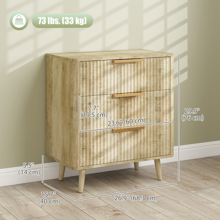 Fluted 3-Drawer Dresser with Pine Legs - Oak