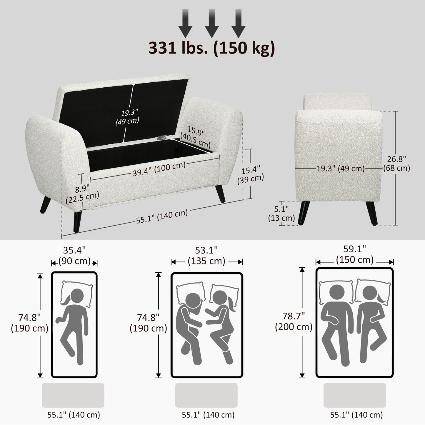 Upholstered Storage Bench with Arms - Cream White