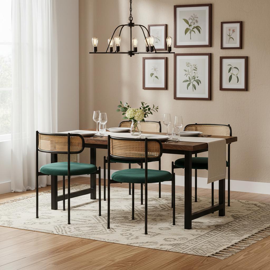 Set of 4 Modern Velvet Dining Chairs with PE Rattan Backrest, Minimalist Leisure Chairs with Round Padded Seat, 19.5'' L x 20'' W x 29.5'' H, Green