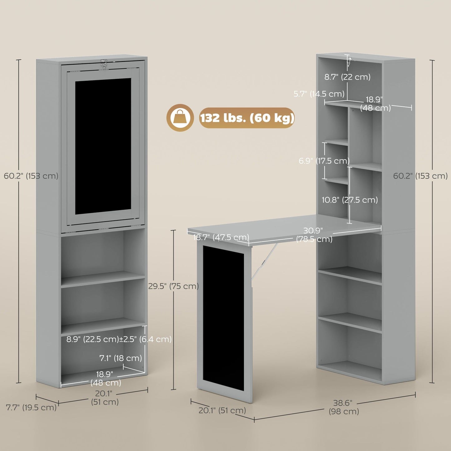 Fold-Out Wall-Mount Desk with Blackboard - Charcoal Grey