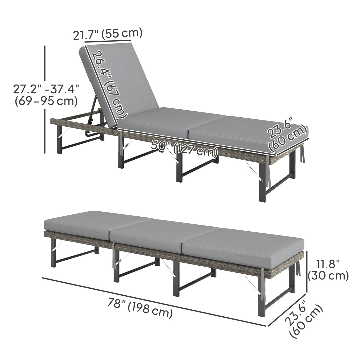 Folding Outdoor Lounge Chair, Wicker Chaise Lounge Tanning Chair with Cushion for Beach, Poolside, Garden, Grey
