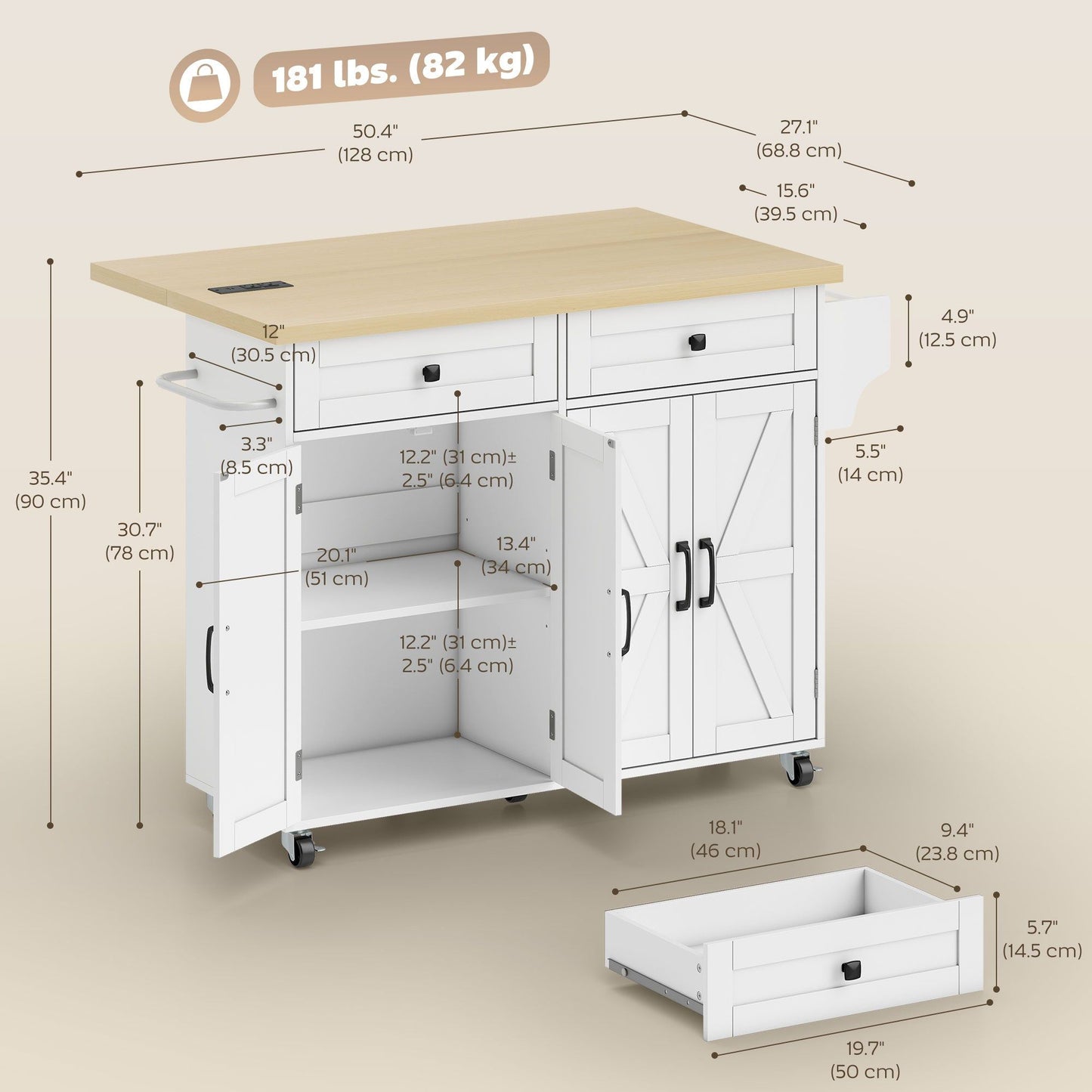 Rolling Kitchen Island Cart with Charging Station - White