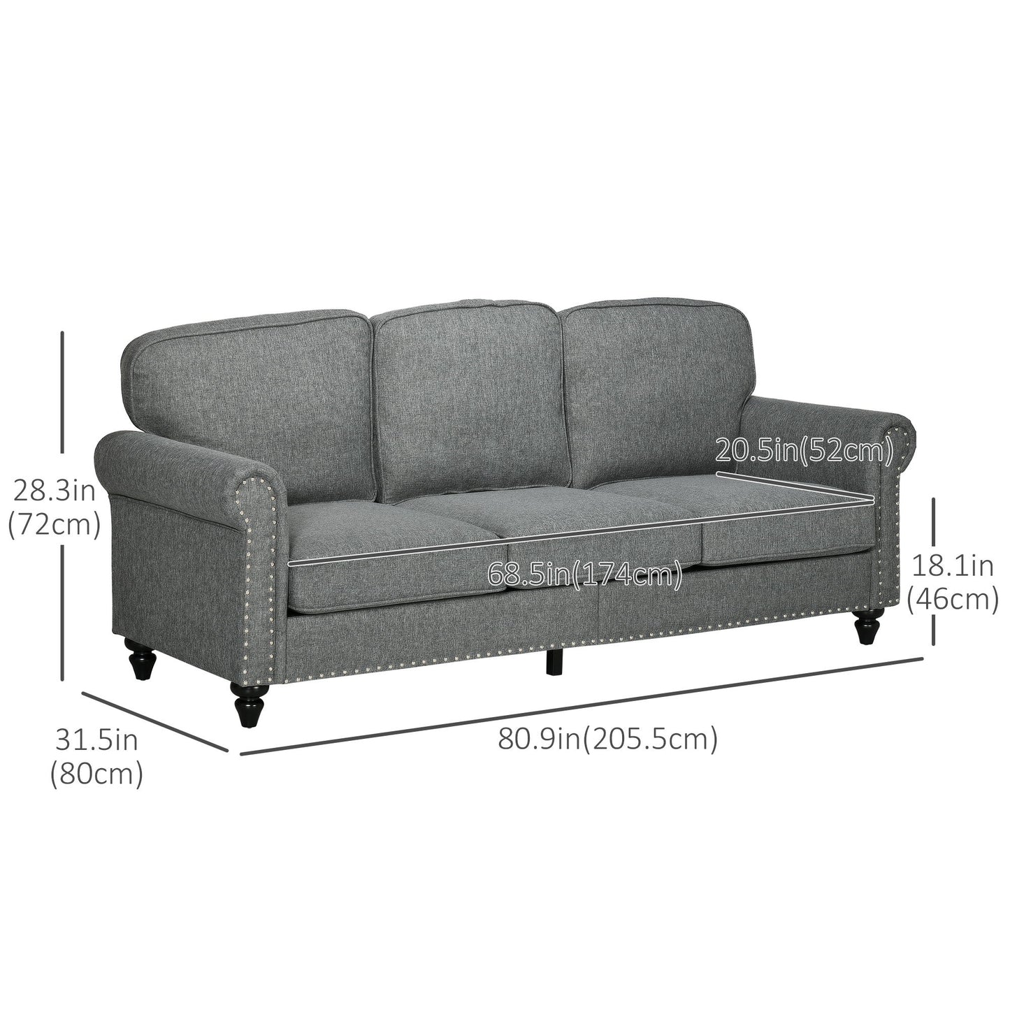 3-Seater Sofa Couch, 81" Modern Upholstered Linen Fabric Sofa with Rubberwood Legs, Nailhead Trim and Rolled Arms for Living Room, Bedroom and Apartment, Grey