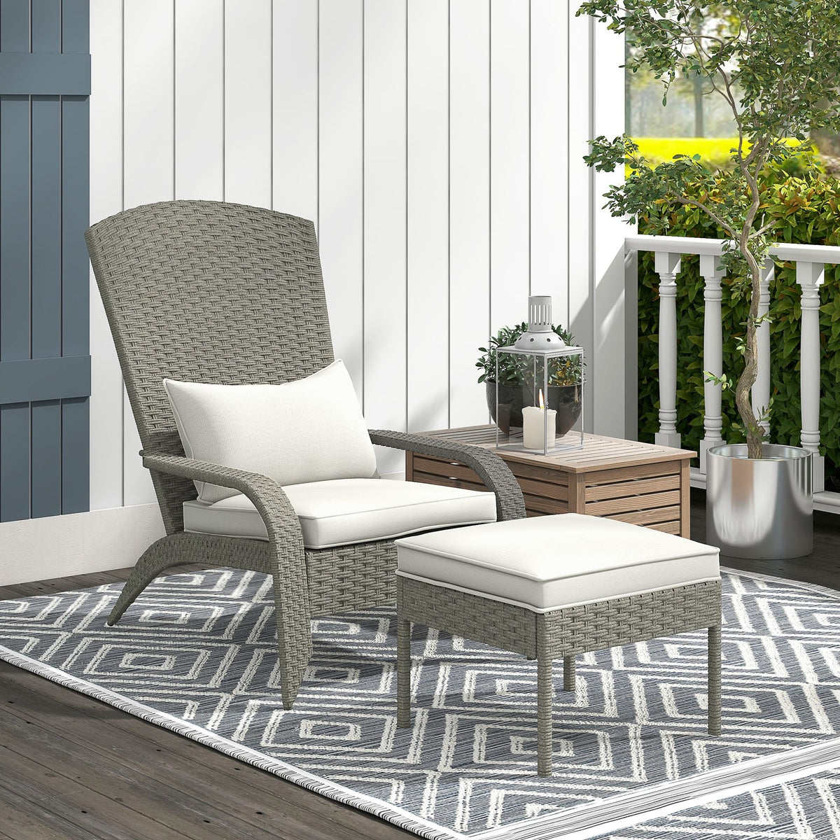 Wicker Adirondack Chair with Ottoman, Patio Cushioned Muskoka Chair, Outdoor Fire Pit Chair with High-back and Armrests, for Deck, Garden, Backyard, Grey/Cream White