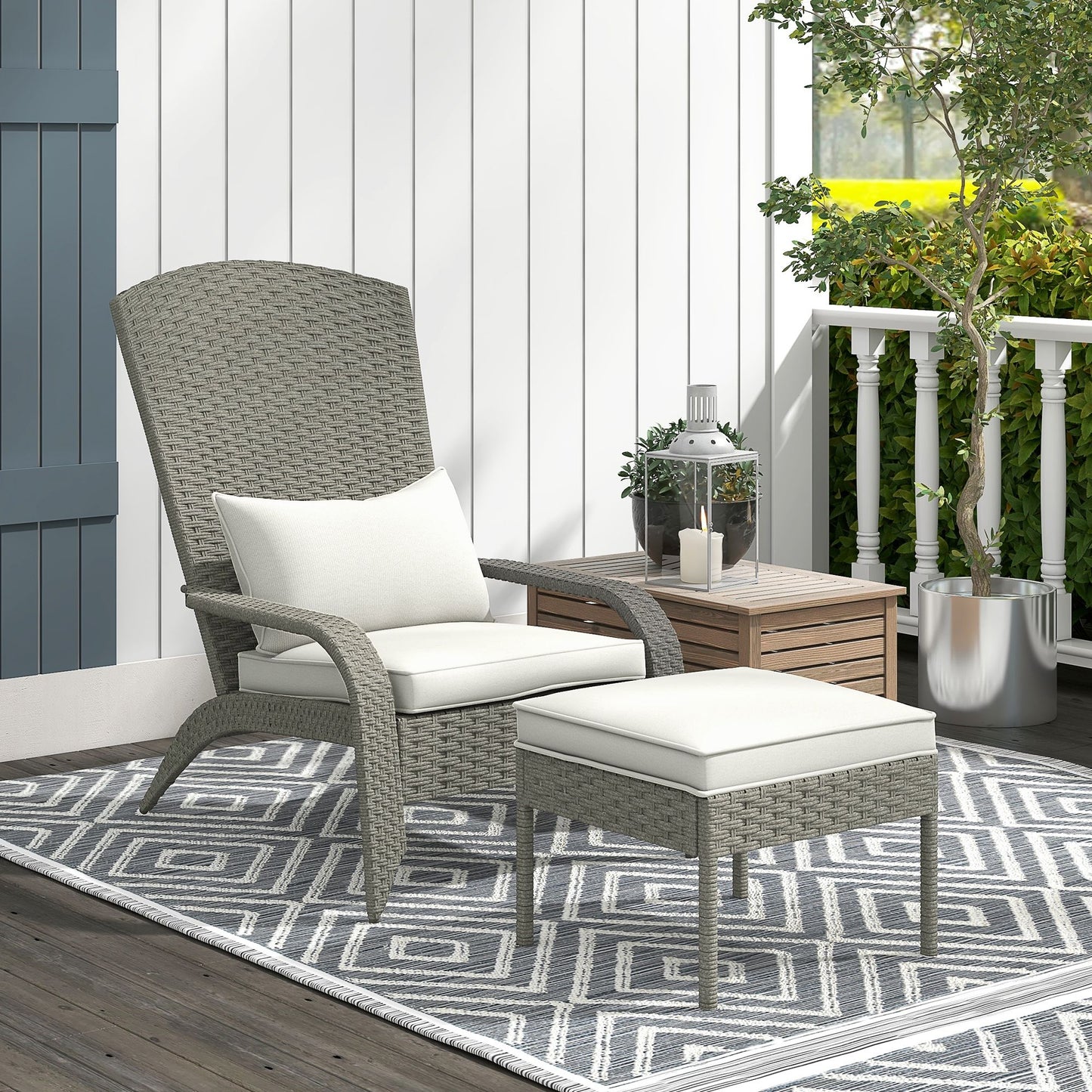 Wicker Adirondack Chair with Ottoman, Patio Cushioned Muskoka Chair, Outdoor Fire Pit Chair with High-back and Armrests, for Deck, Garden, Backyard, Grey/Cream White