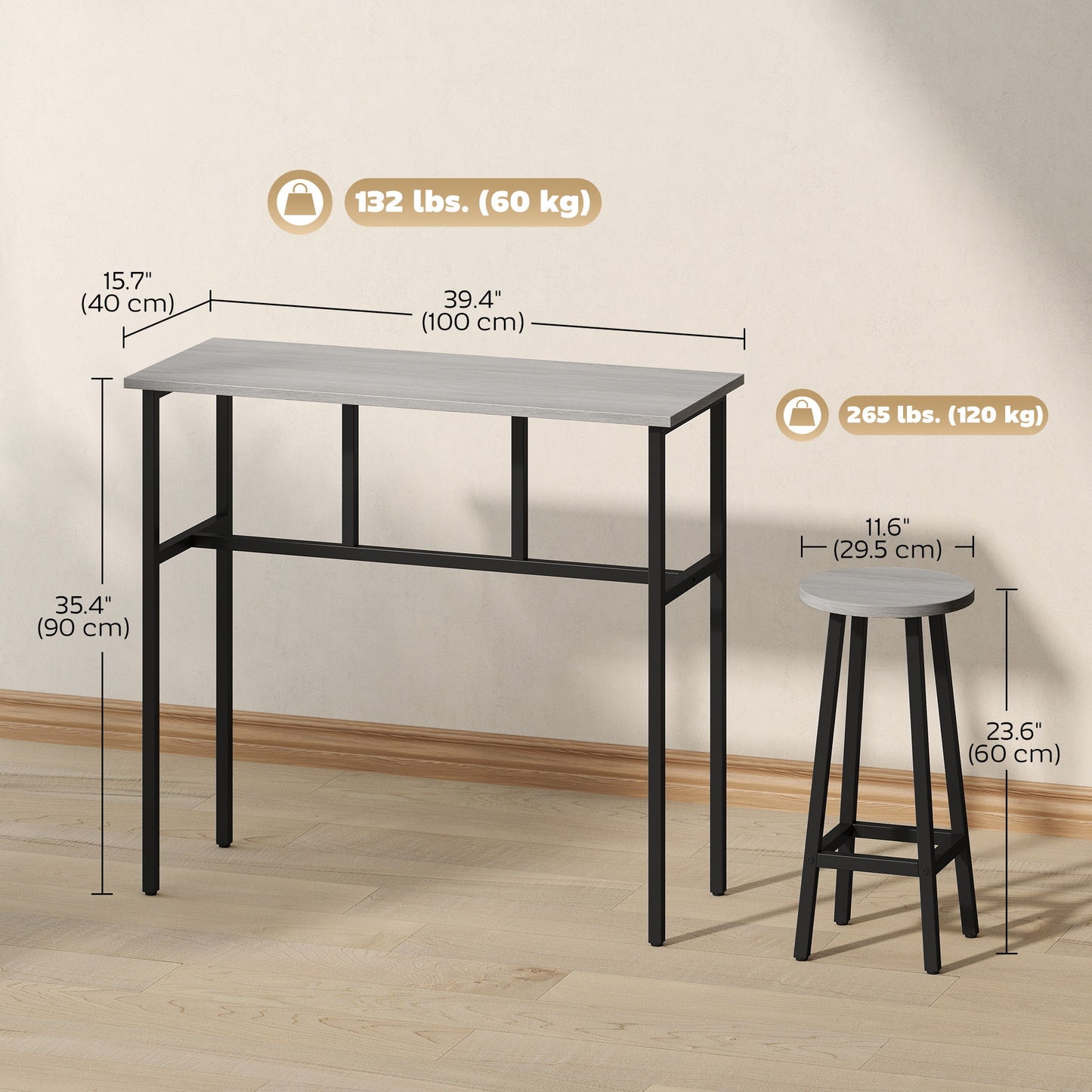 Bar Table Set of 6, Bar Table and Stools for 4, 2 Breakfast Tables and 4 Stools for Living Room, Dining Room, Grey