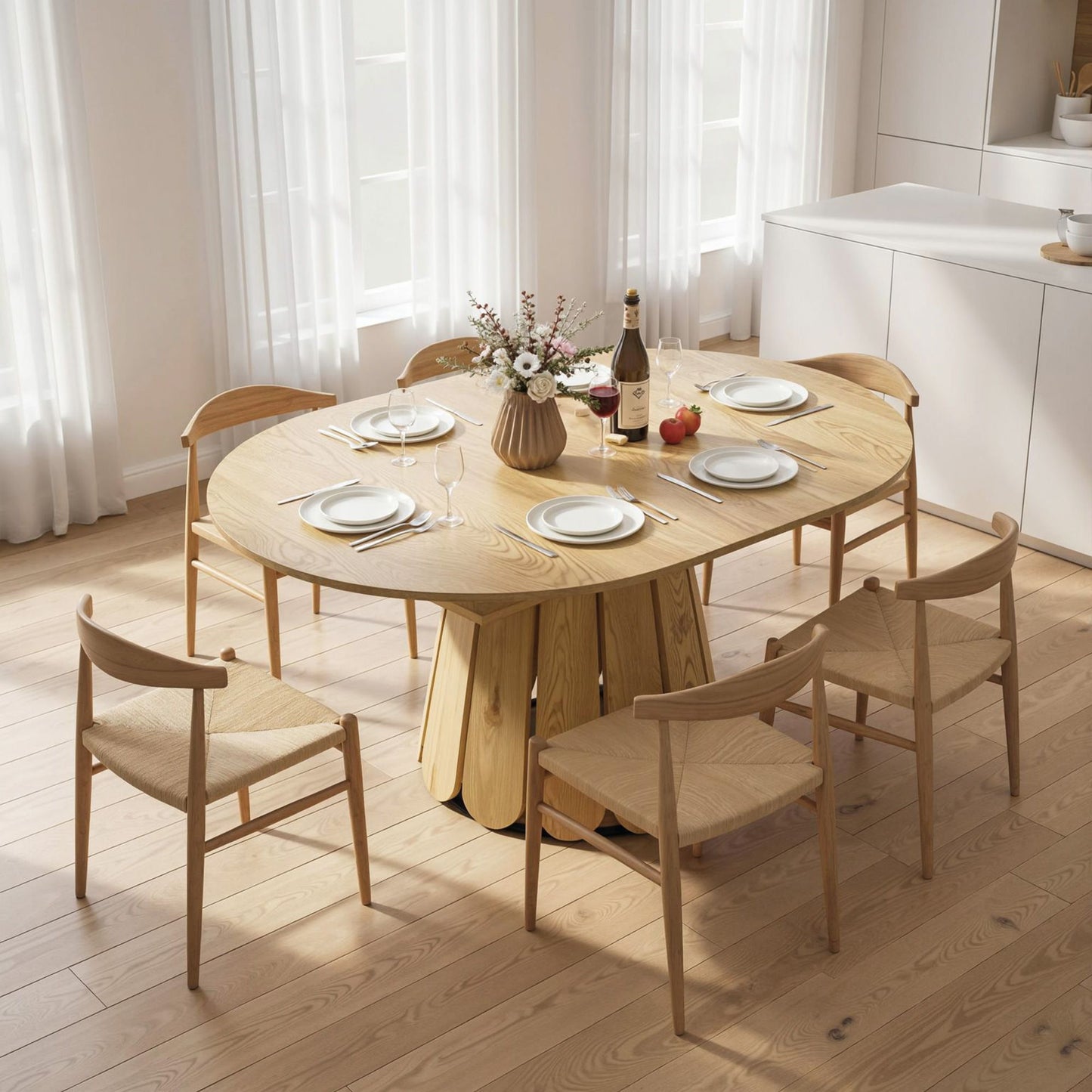 Extendable Dining Table, Round to Oval Convertible Kitchen Table with Storage Shelf for Dining Room, Natural