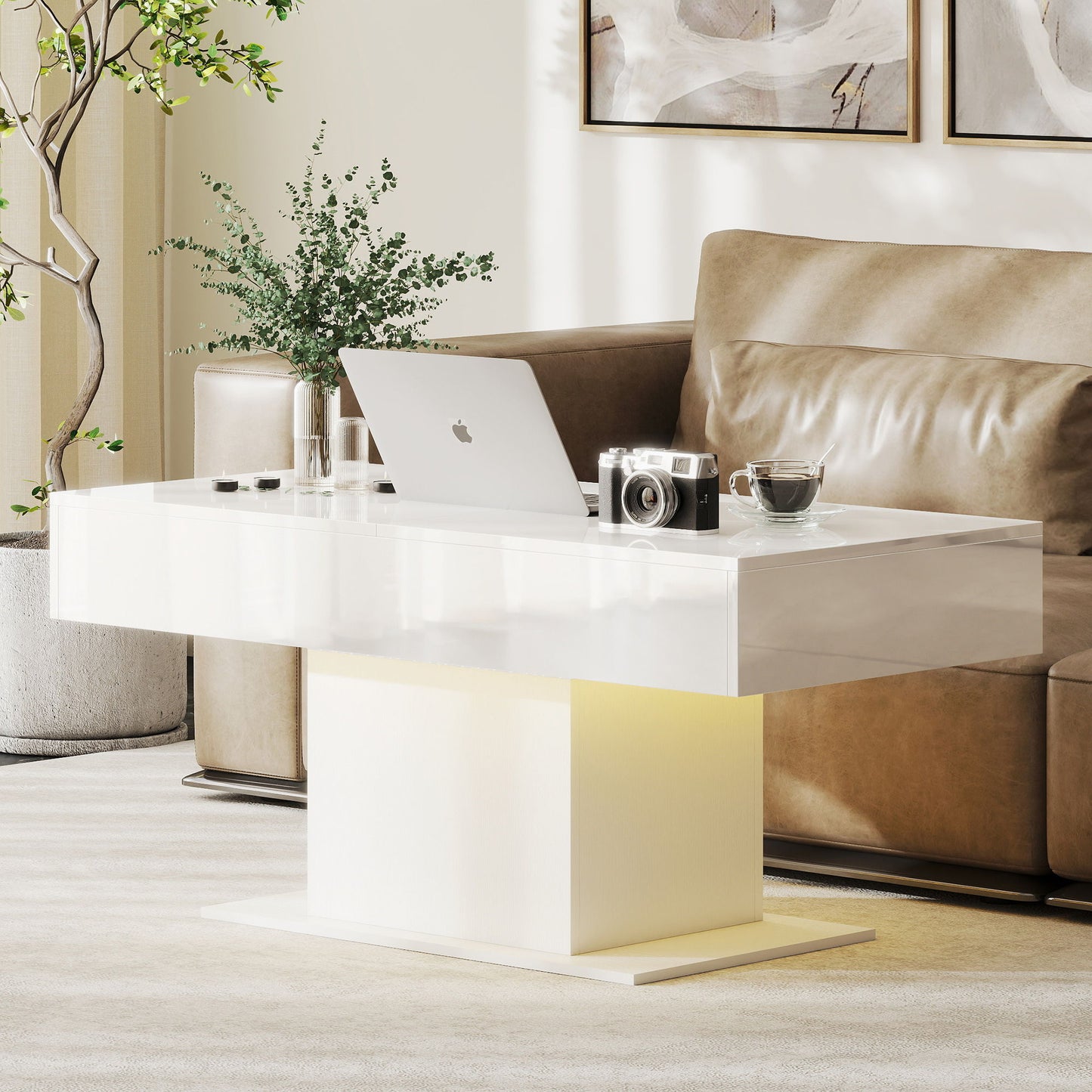 Extendable Coffee Table with LED Lights, Modern High Gloss Center Table with Hidden Storage for Living Room, White