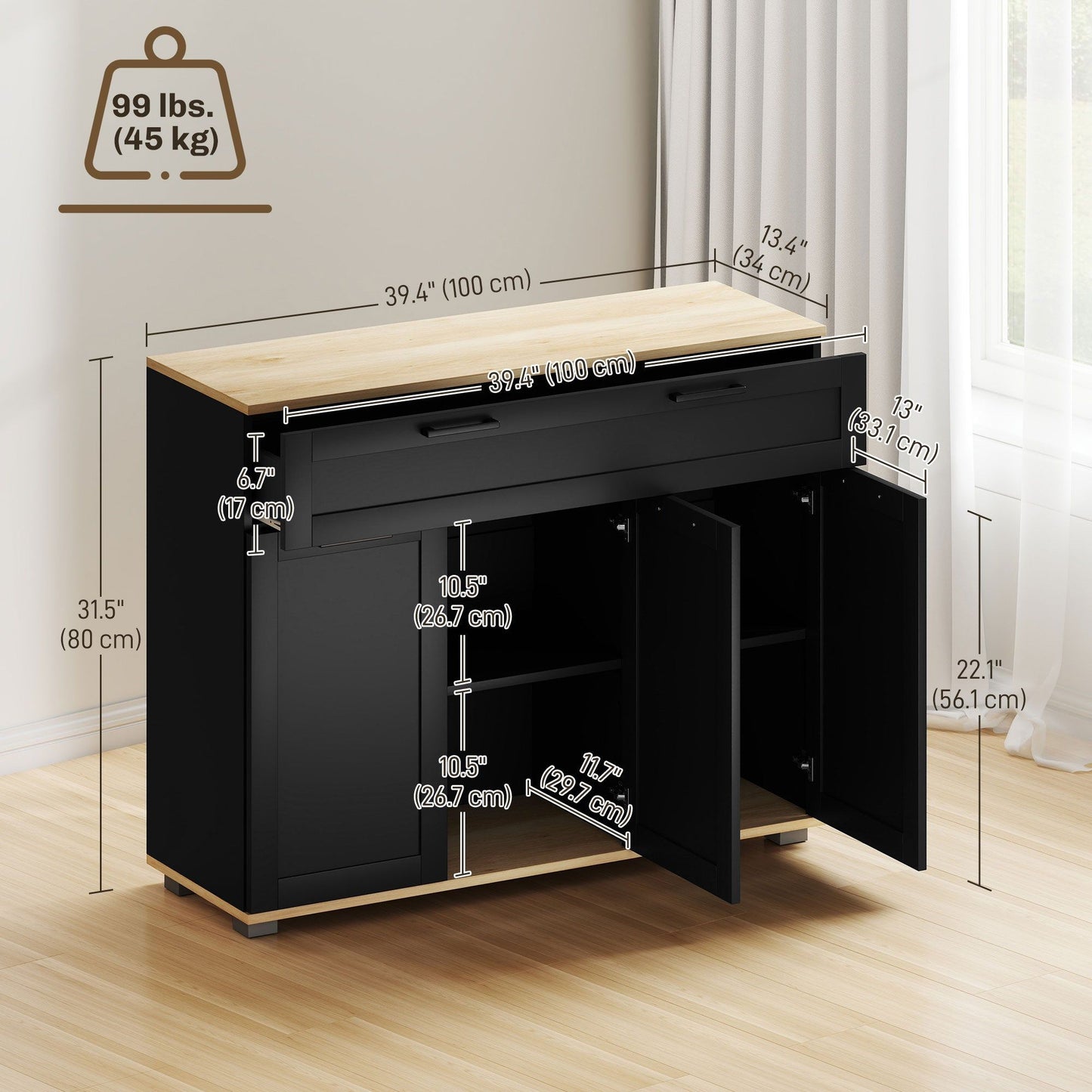 40" Sideboard Buffet Cabinet with 3 Doors - Black