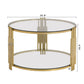 Modern Glass Coffee Table with Asymmetrical Metal Design, Circular Drum Base, Sofa Table with Lower Shelf, 31.5" L x 31.5" W x 20" H, Gold