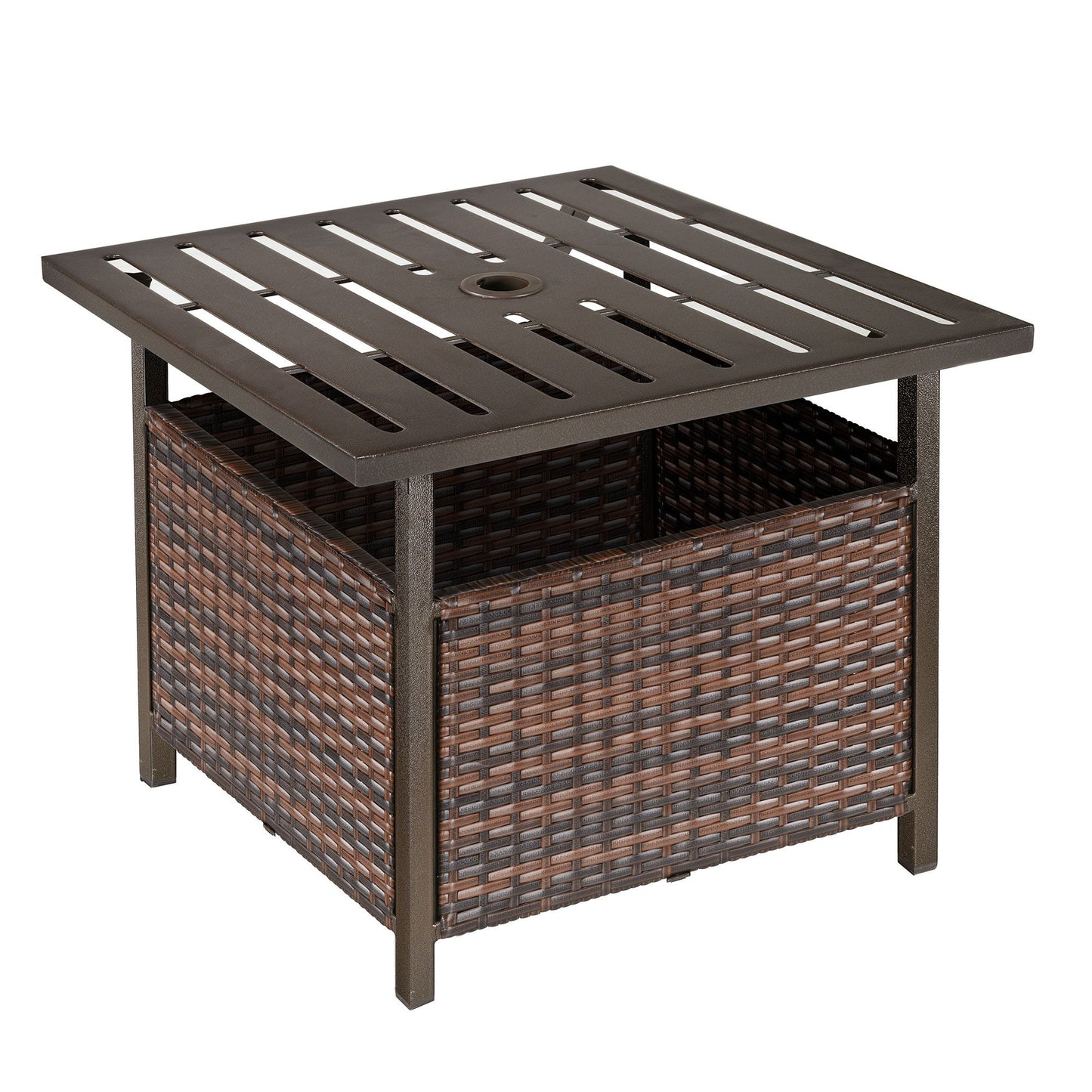 21.75" Outdoor Rattan Wicker Patio Coffee Table with Umbrella Hole, Patio Side Table with Slatted Metal Top, Brown