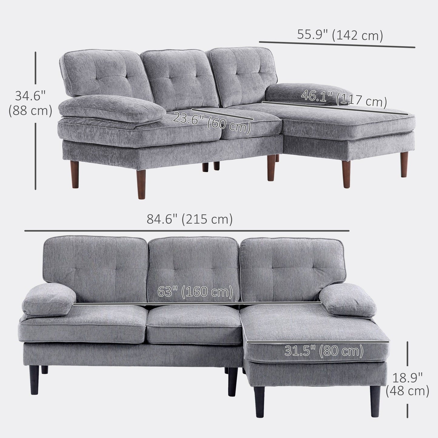 Corner Sofa with Right Chaise, 3-Seater - Grey