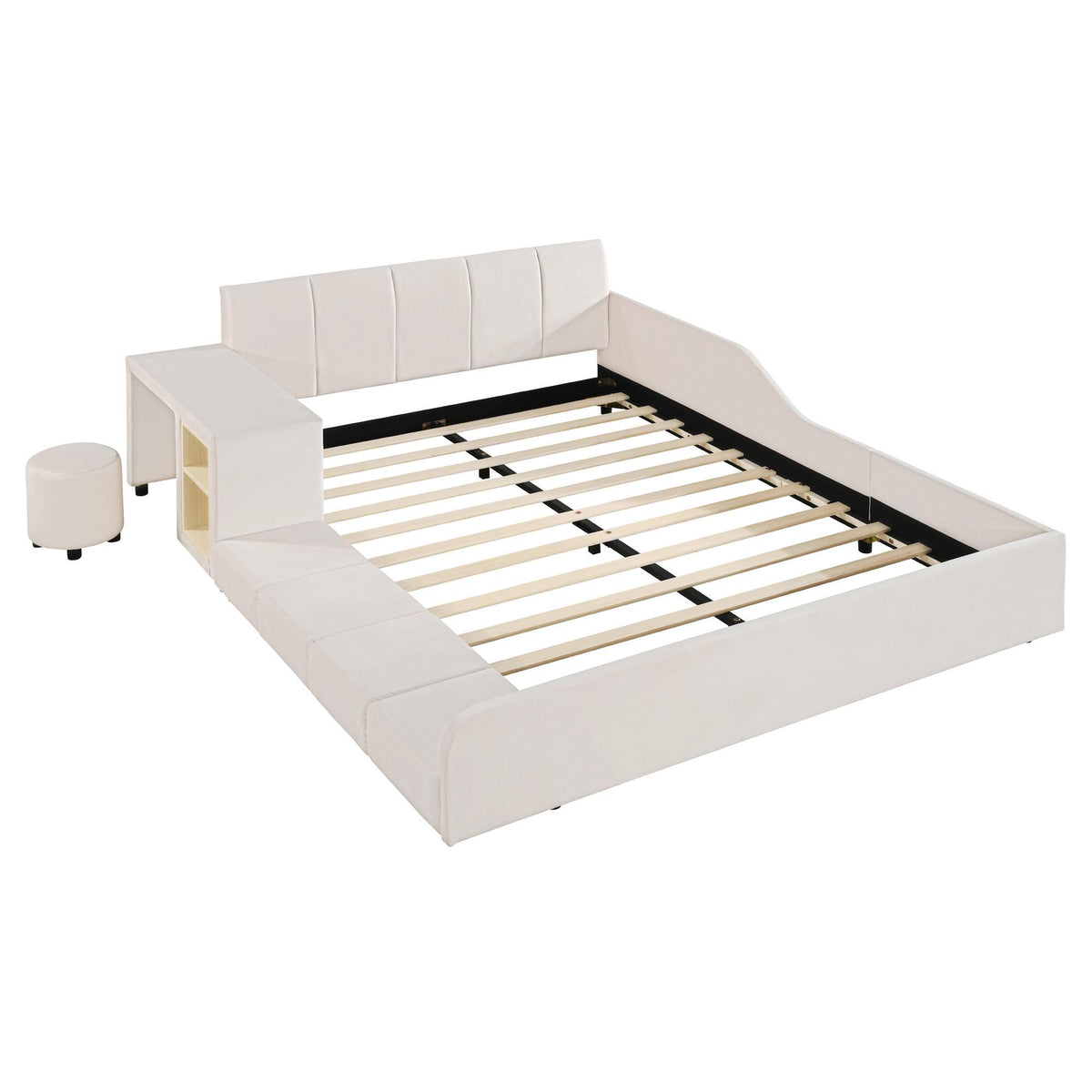 Full Size Upholstered Platform Bed with Built-In Bedside Desk and Round Stool, Solid Bedboard for Families, 80'' L x 68'' W x 29'' H, Beige