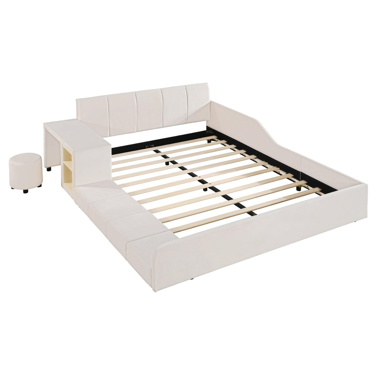 Full Size Upholstered Platform Bed with Built-In Bedside Desk and Round Stool, Solid Bedboard for Families, 80'' L x 68'' W x 29'' H, Beige