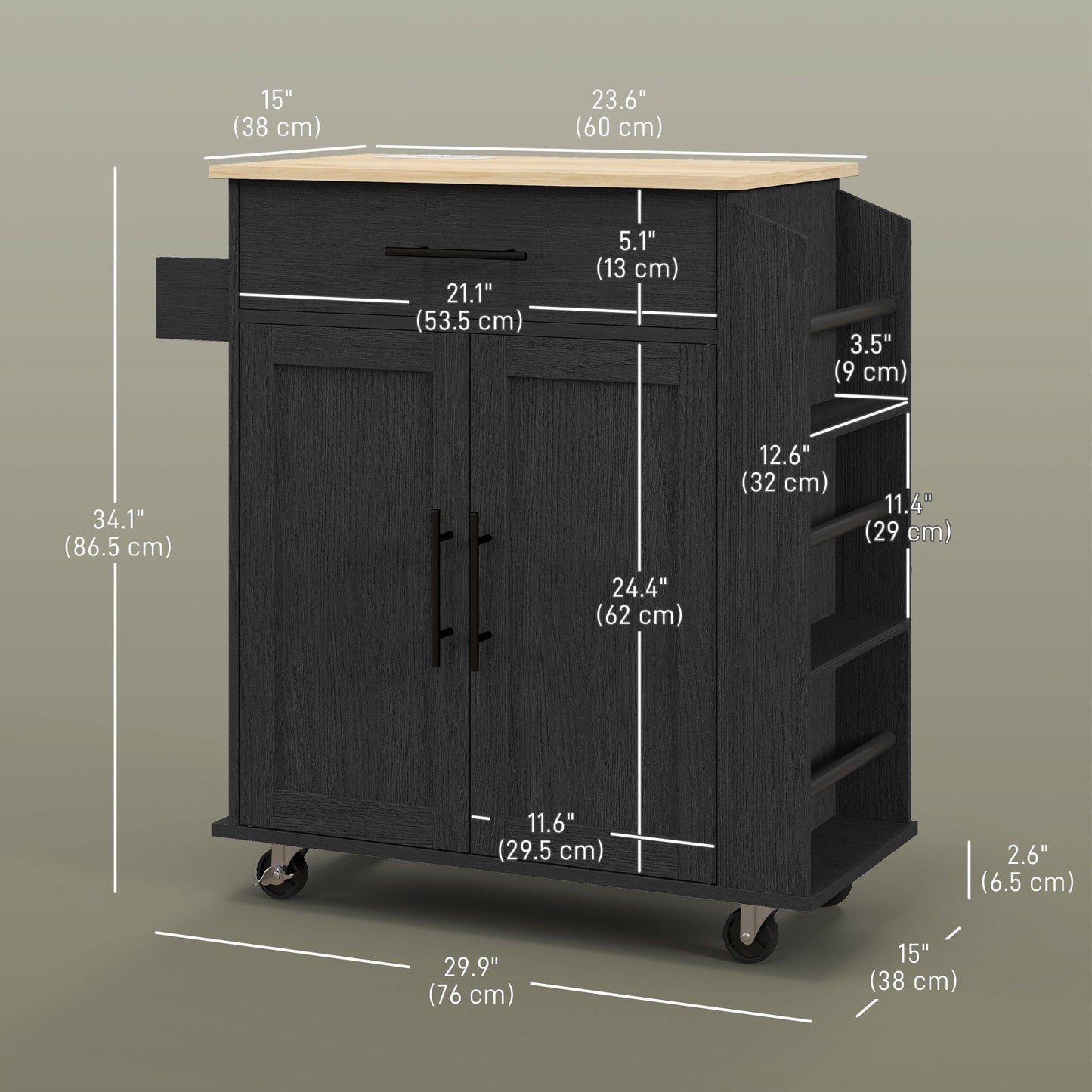Rolling Kitchen Island with Power Outlets and Drawer - Black