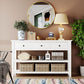 Mid-Century Retro Console Table with 2 Open Shelves, 3 Drawers, Pine Solid Wood Frame, Circular Handles, 50" L x 16" W x 30" H, White