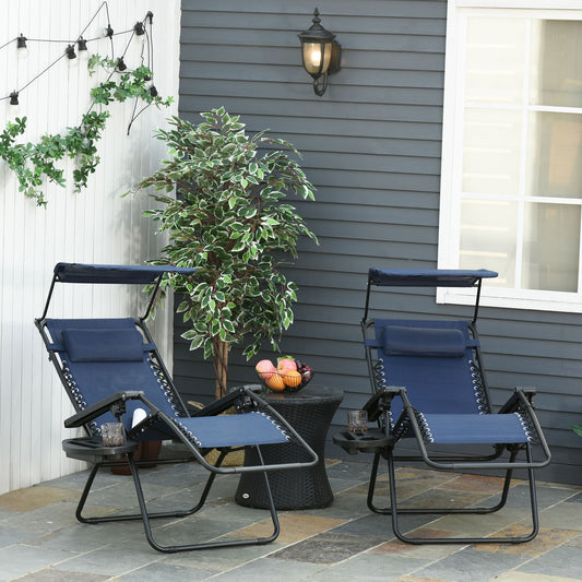 Zero Gravity Chair Set of 2 with Canopy Shade, Outdoor Folding Lounge Chair with Side Tray, Cup Holder, Reclining Lounger with Breathable Mesh Seat and Pillow, Blue