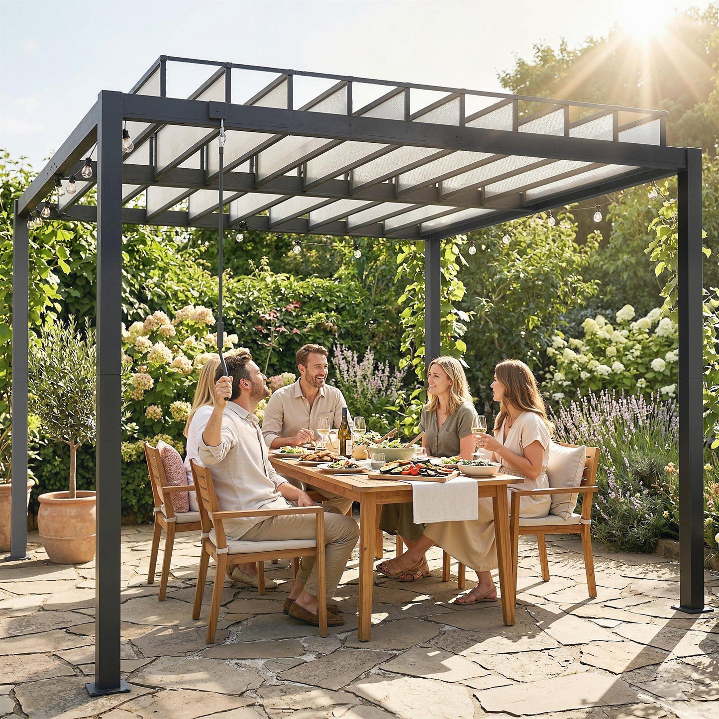 9.5 x 10 ft Louvered Pergola with PC Roof, Aluminium Outdoor Pergola Gazebo with Drainage Gutters, Handle, Clear
