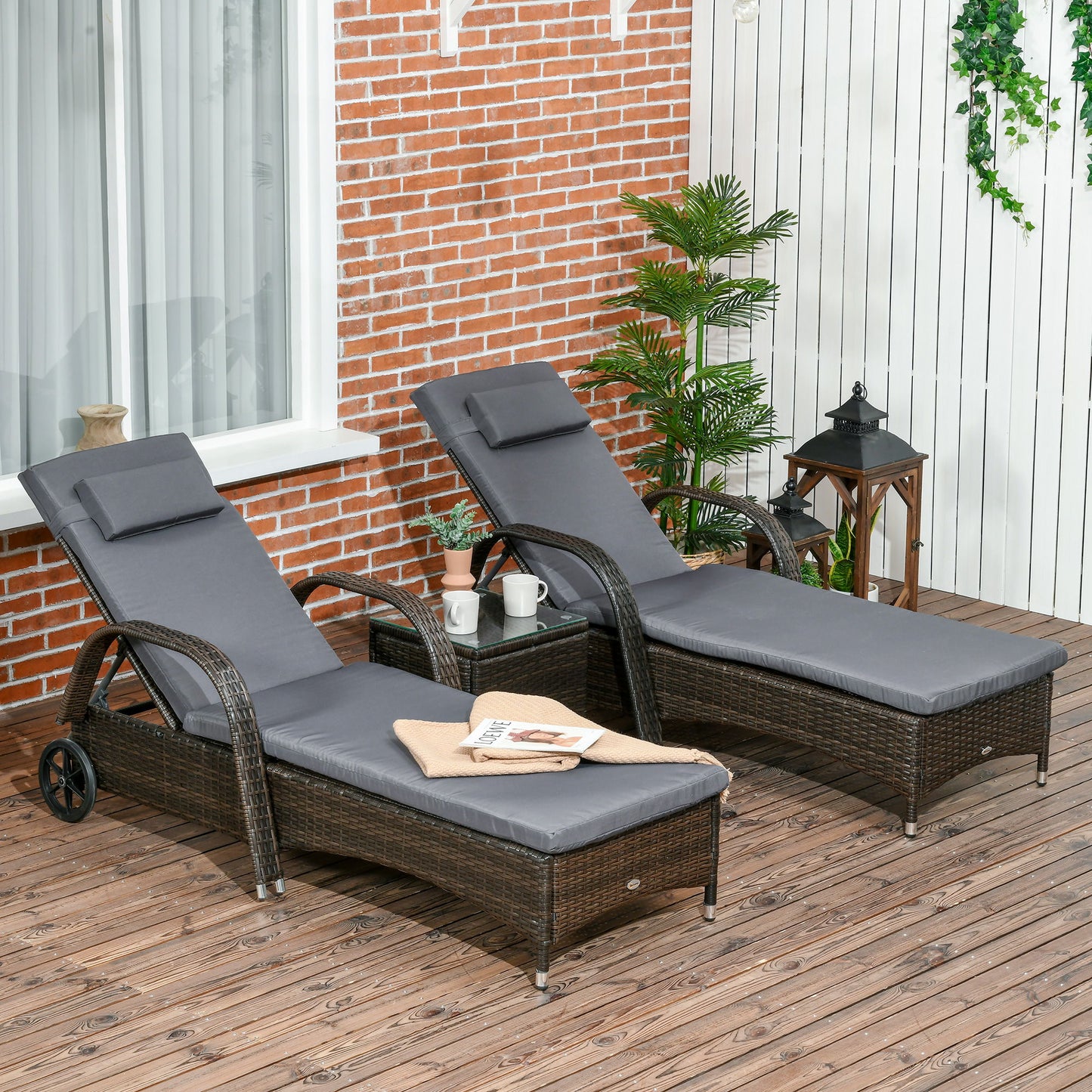 3 Pieces Wicker Patio Lounger Set with Table, PE Rattan Outdoor Lounge Chair Set with Cushions, Wheels, 5-Level Reclining Backrest, Headrest, Brown/Dark Grey