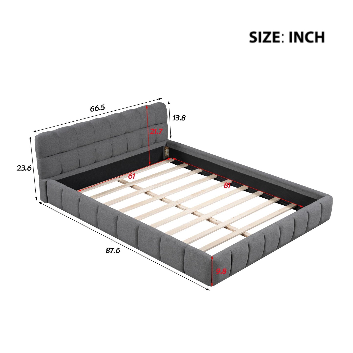 Queen Size Upholstered Bed with Grounded Solid Plywood & MDF Frame, Sturdy Bedboard with Wooden Slats, 87.5'' L x 66.5'' W x 23.5'' H, Gray