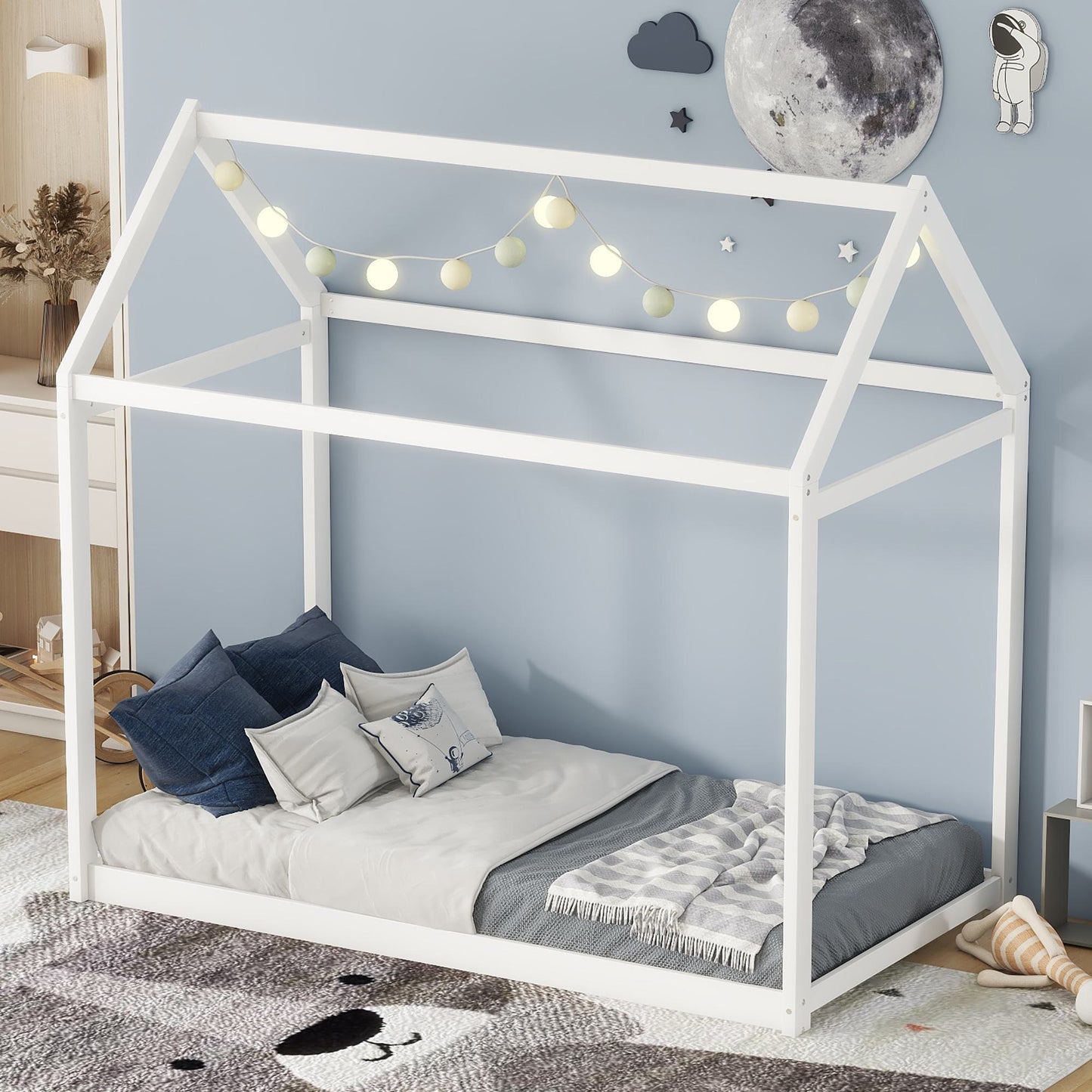 Twin Size Wooden House Bed with Pine Wood and MDF Construction, Bed Frame Perfect for Easy Assembly, 78.5" L x 42.5" W x 70.5" H, White