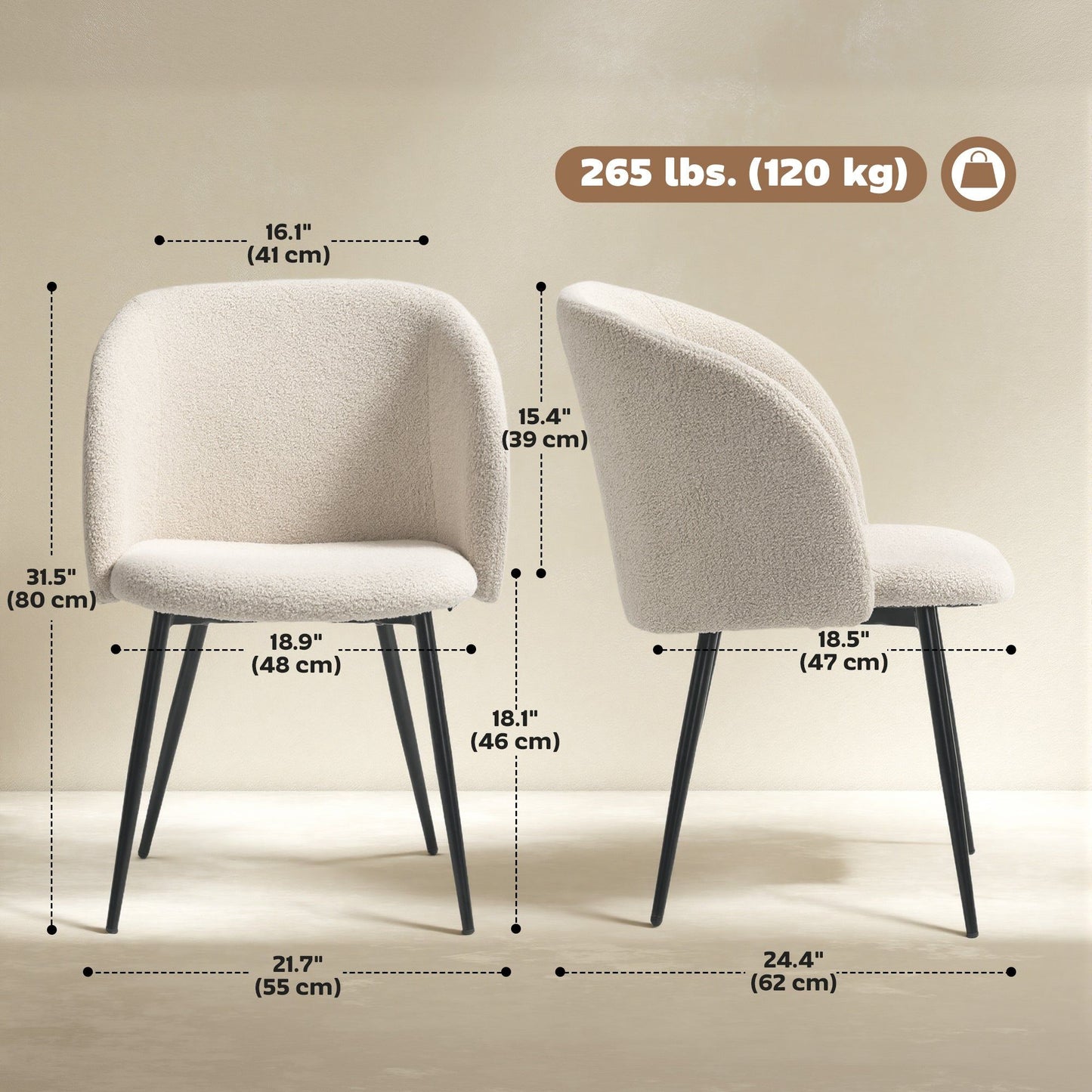 Sherpa Dining Chairs Set of 2 with Steel Legs - Cream White