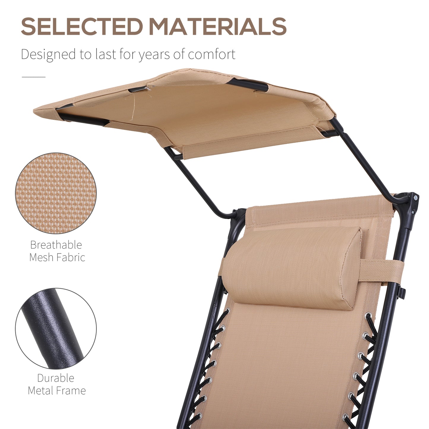 Outdoor Zero Gravity Reclining Lounger Chair with Canopy Shade, Side Tray, Cupholder, Beige