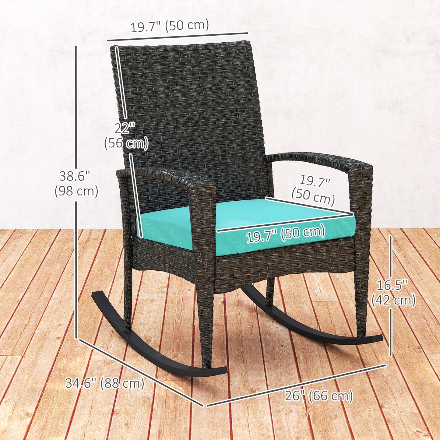 Outdoor Rocking Chair, Patio Wicker Chair Removable Cushion, High Back and Armrests for Porch Balcony, Turquoise